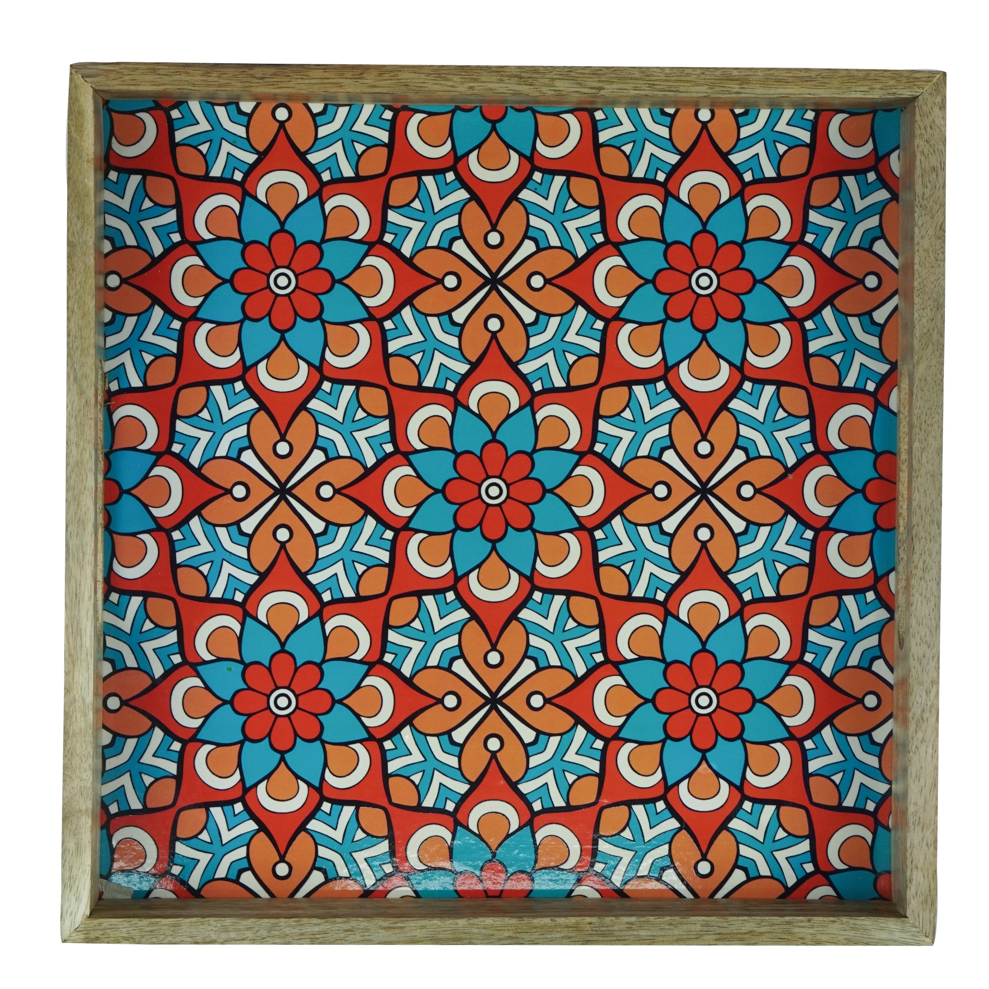 Wooden Serving Tray With Blue Flora Print