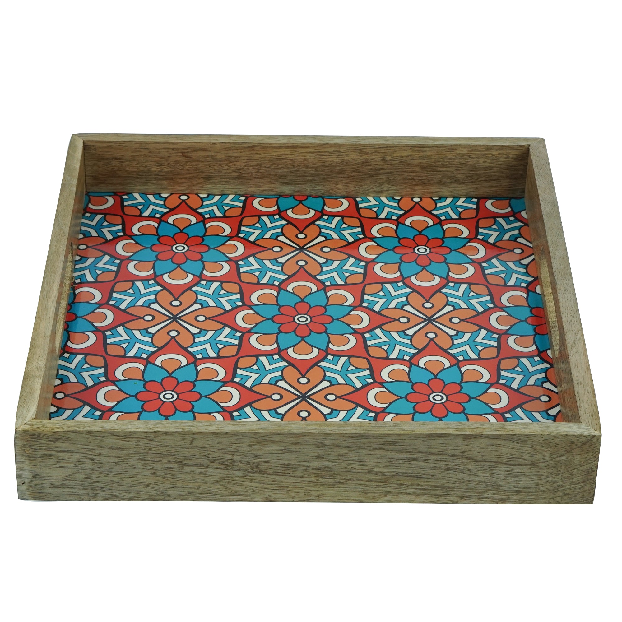 Wooden Serving Tray With Blue Flora Print
