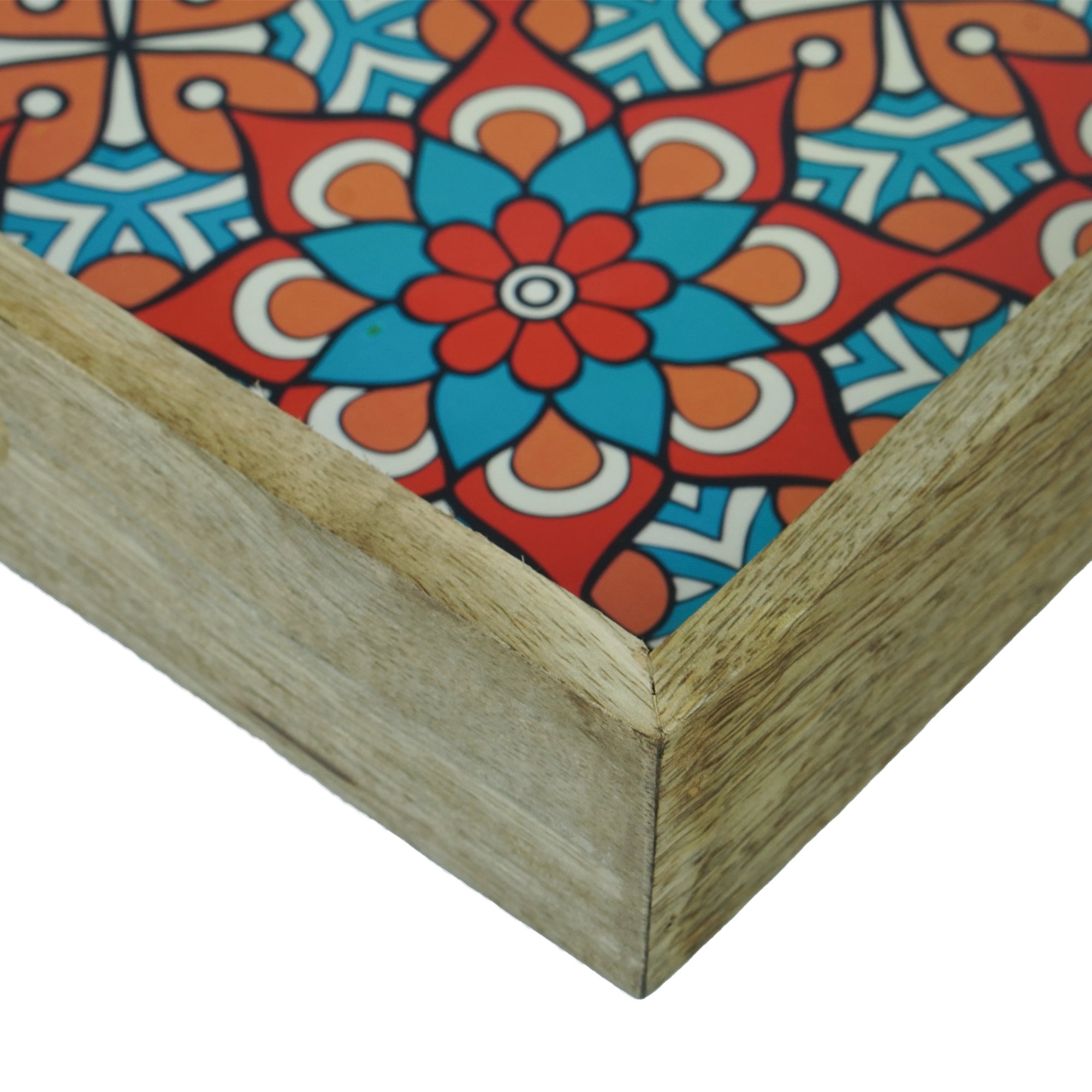 Wooden Serving Tray With Blue Flora Print
