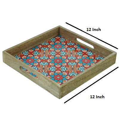 Wooden Serving Tray With Blue Flora Print