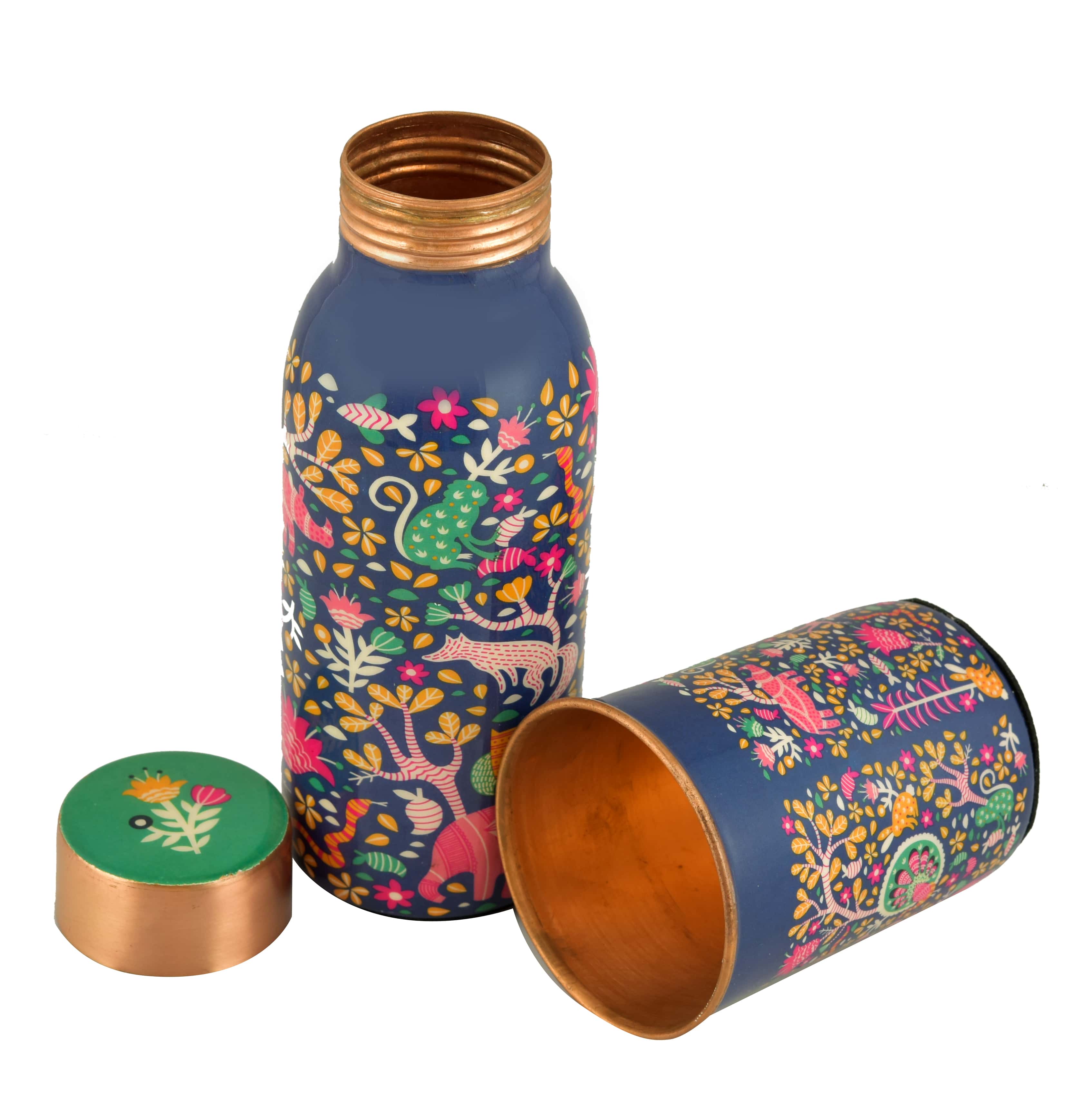 Meena Printed Copper Water Bottle With Tumbler - 450 Ml