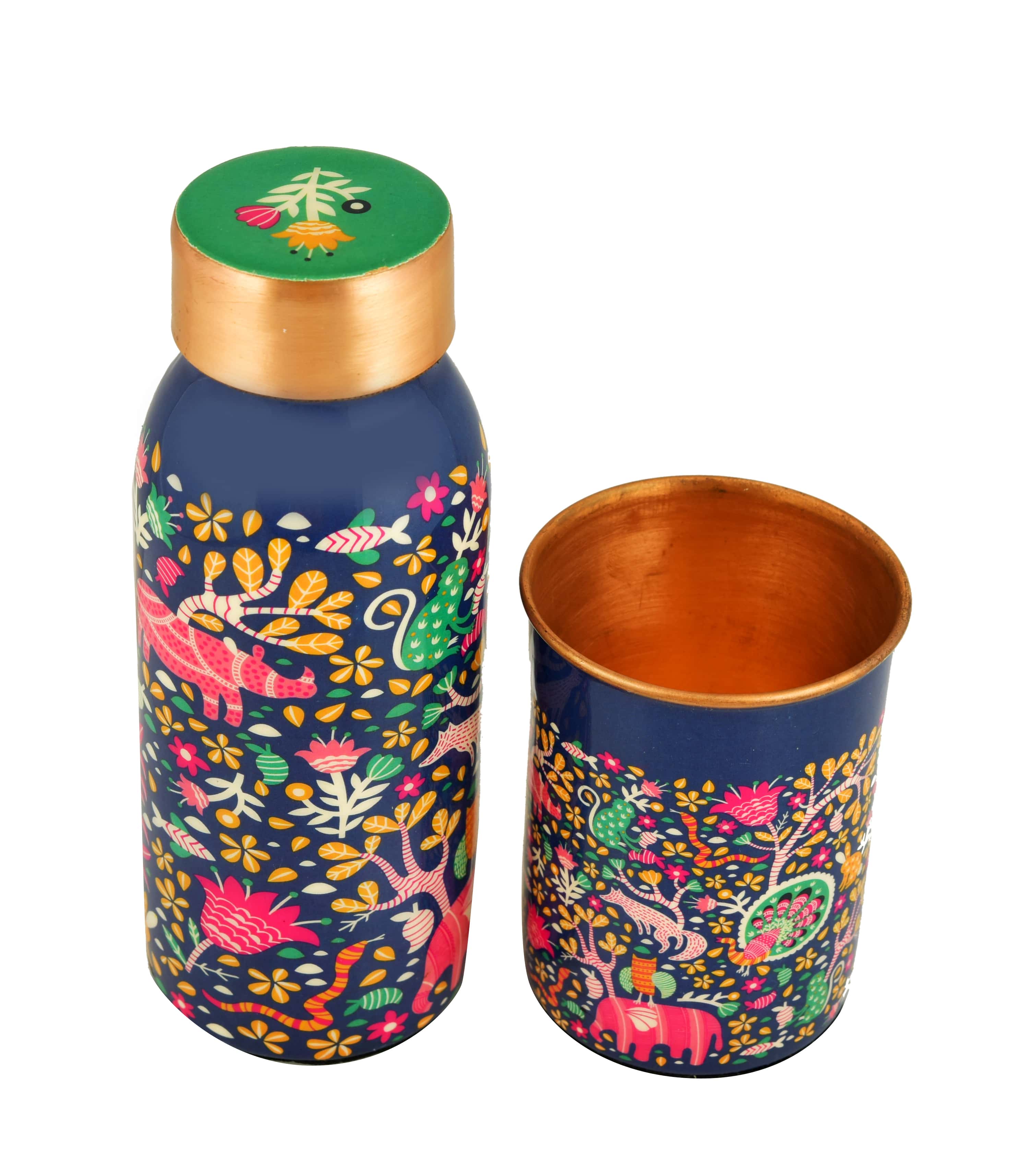 Meena Printed Copper Water Bottle With Tumbler - 450 Ml