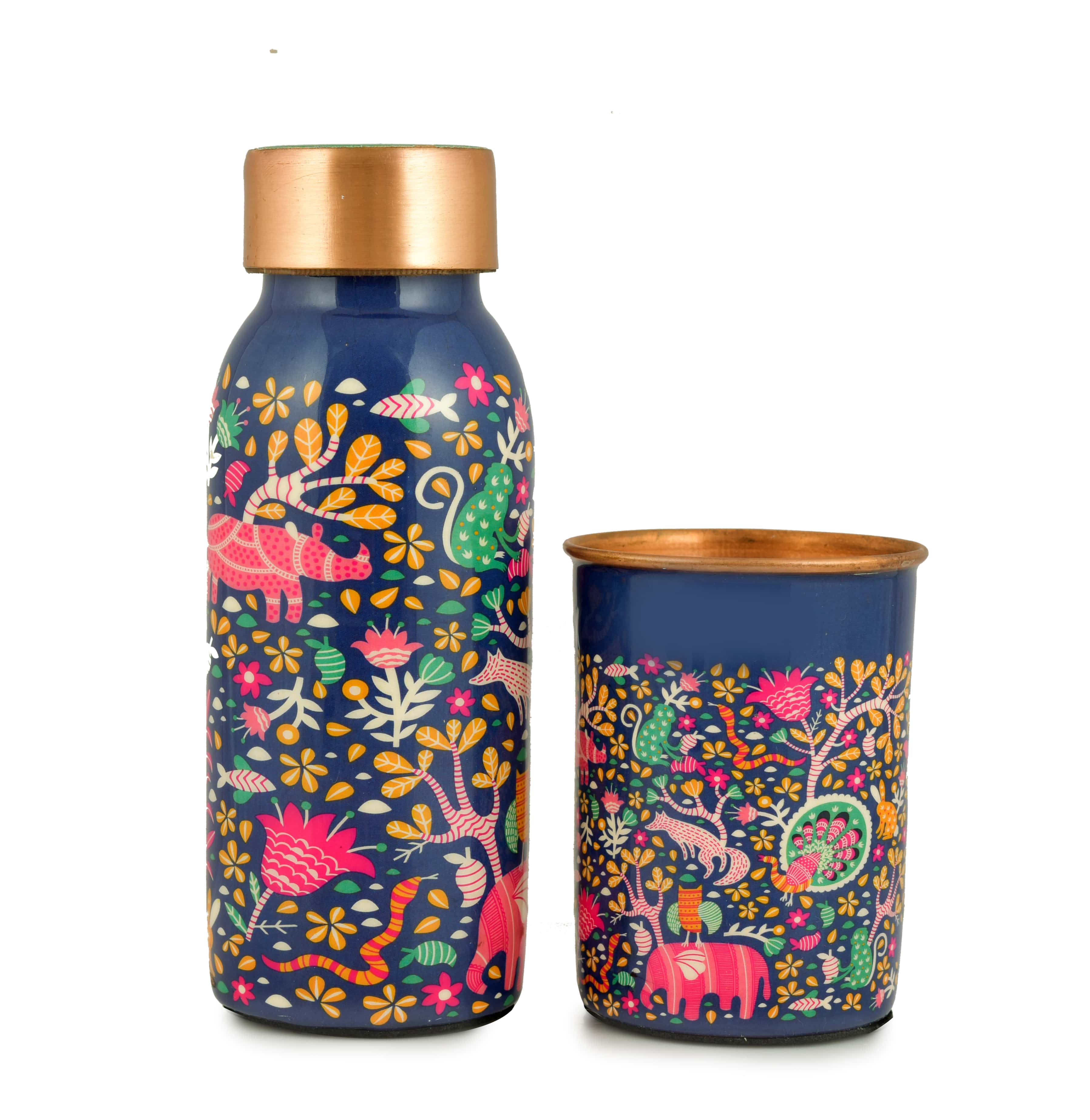Meena Printed Copper Water Bottle With Tumbler - 450 Ml