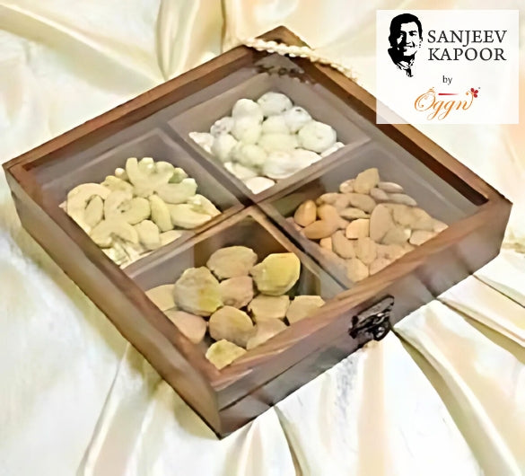 ACACIA WOODEN 4 COMPARTMENT DRY FRUIT BOX 8 INCH