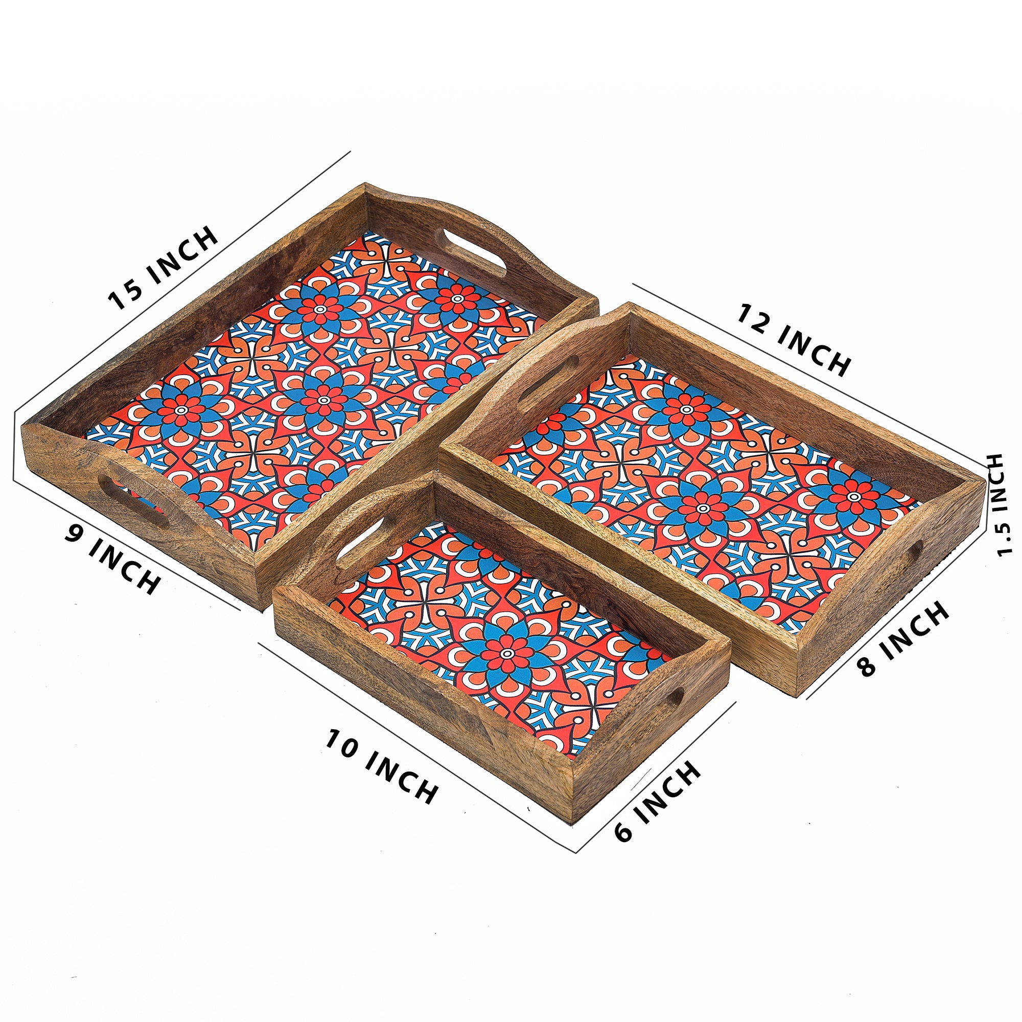 Wooden Serving Tray With Blue Flora Print And Curved Handle
