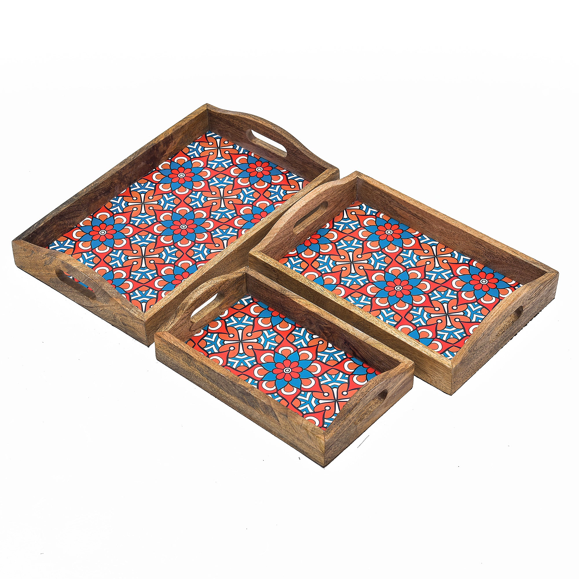 Wooden Serving Tray With Blue Flora Print And Curved Handle
