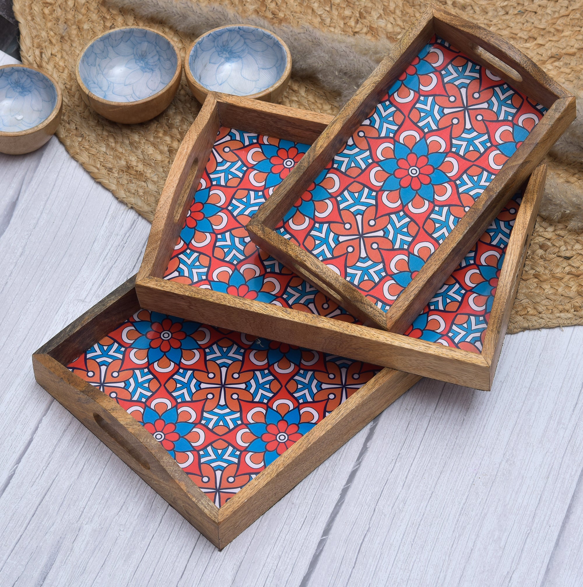 Wooden Serving Tray With Blue Flora Print And Curved Handle