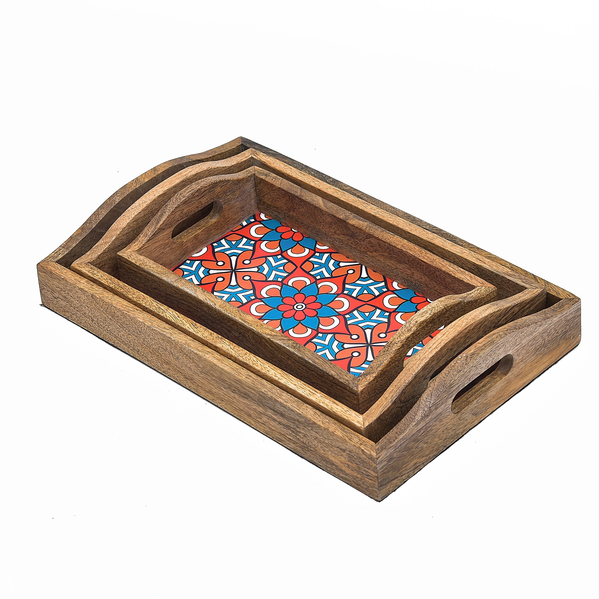 Wooden Serving Tray With Blue Flora Print And Curved Handle