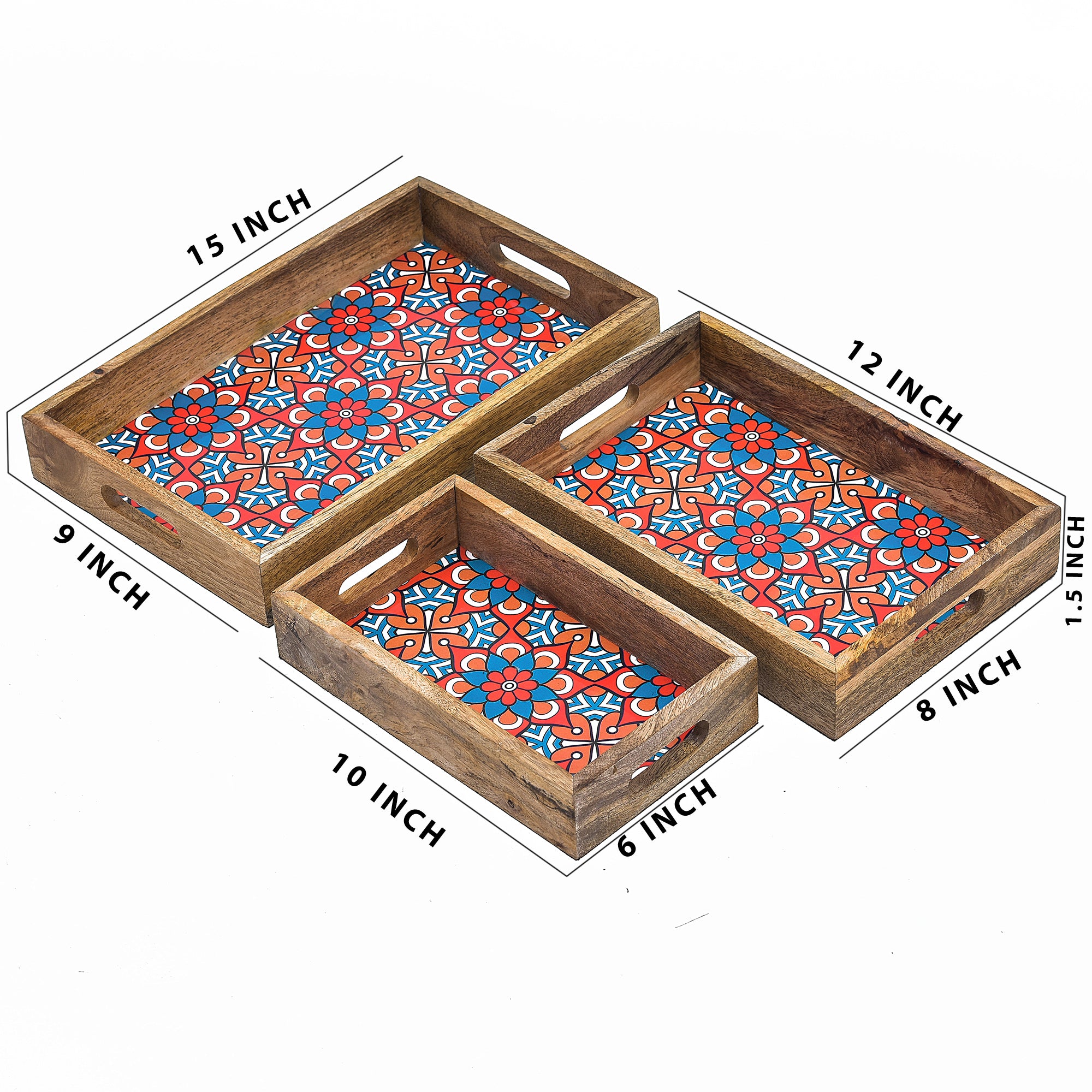 Wooden Serving Tray With Blue Flora Print