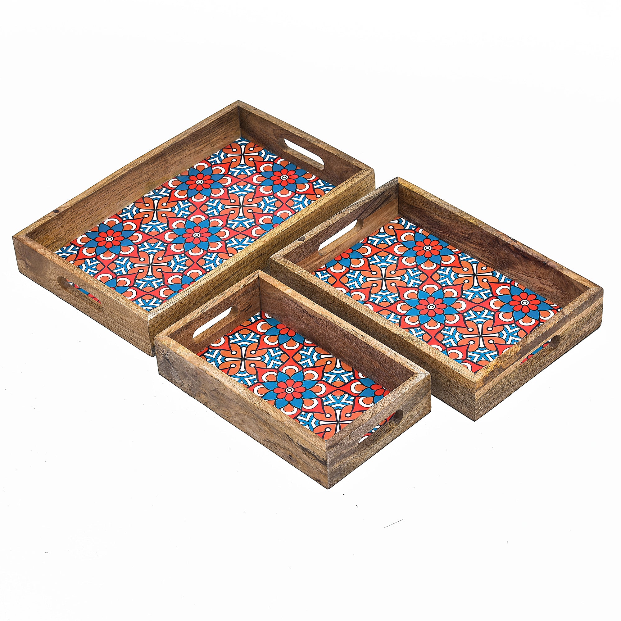Wooden Serving Tray With Blue Flora Print