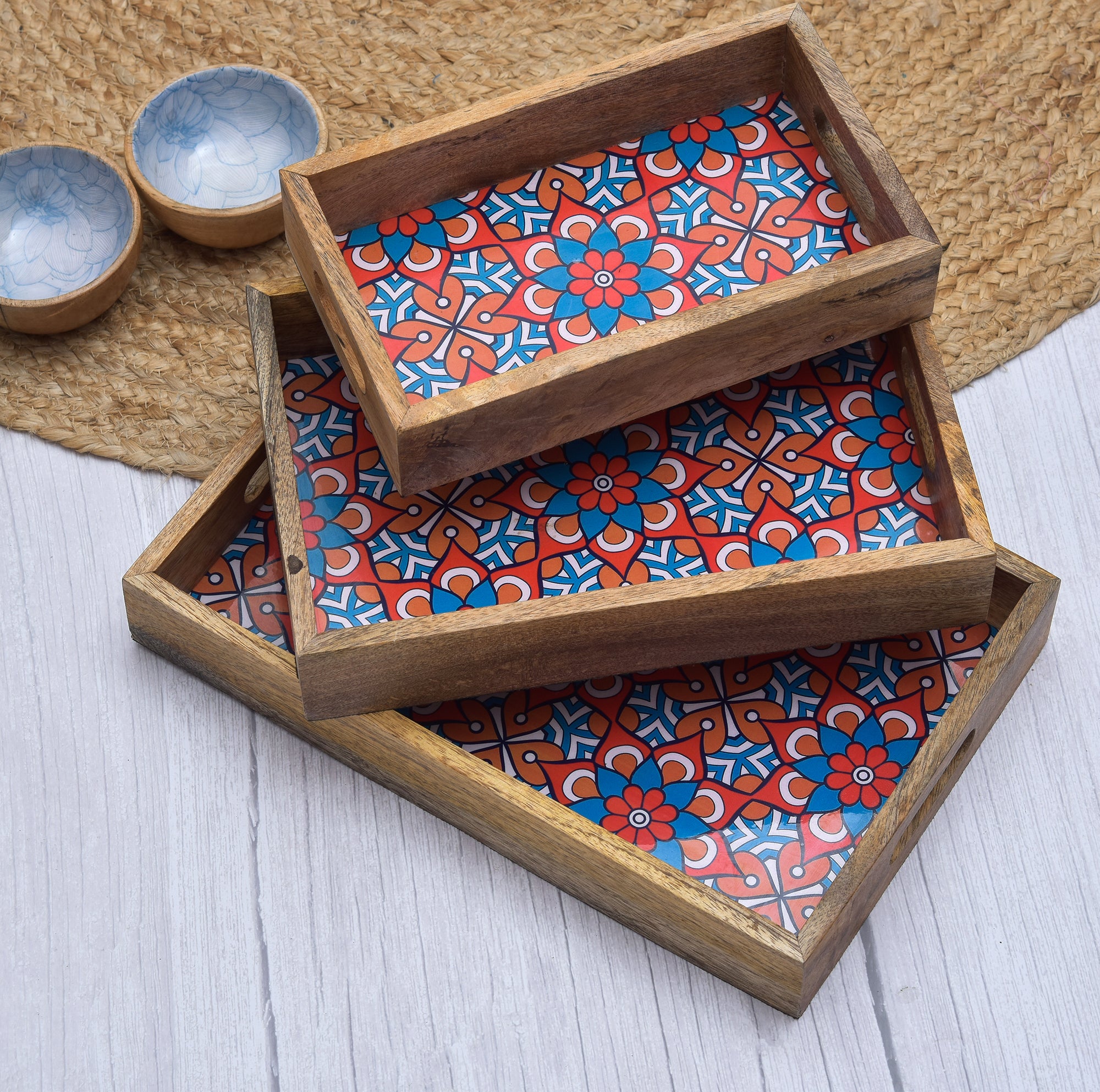Wooden Serving Tray With Blue Flora Print