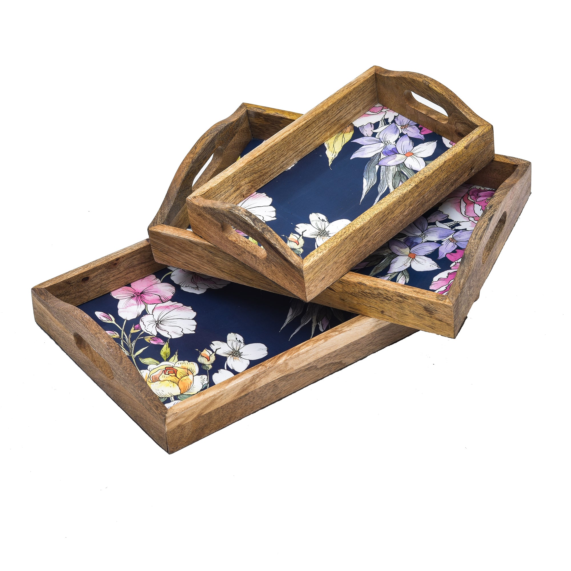 Wooden Serving Tray With Curved Handle And Phool Print