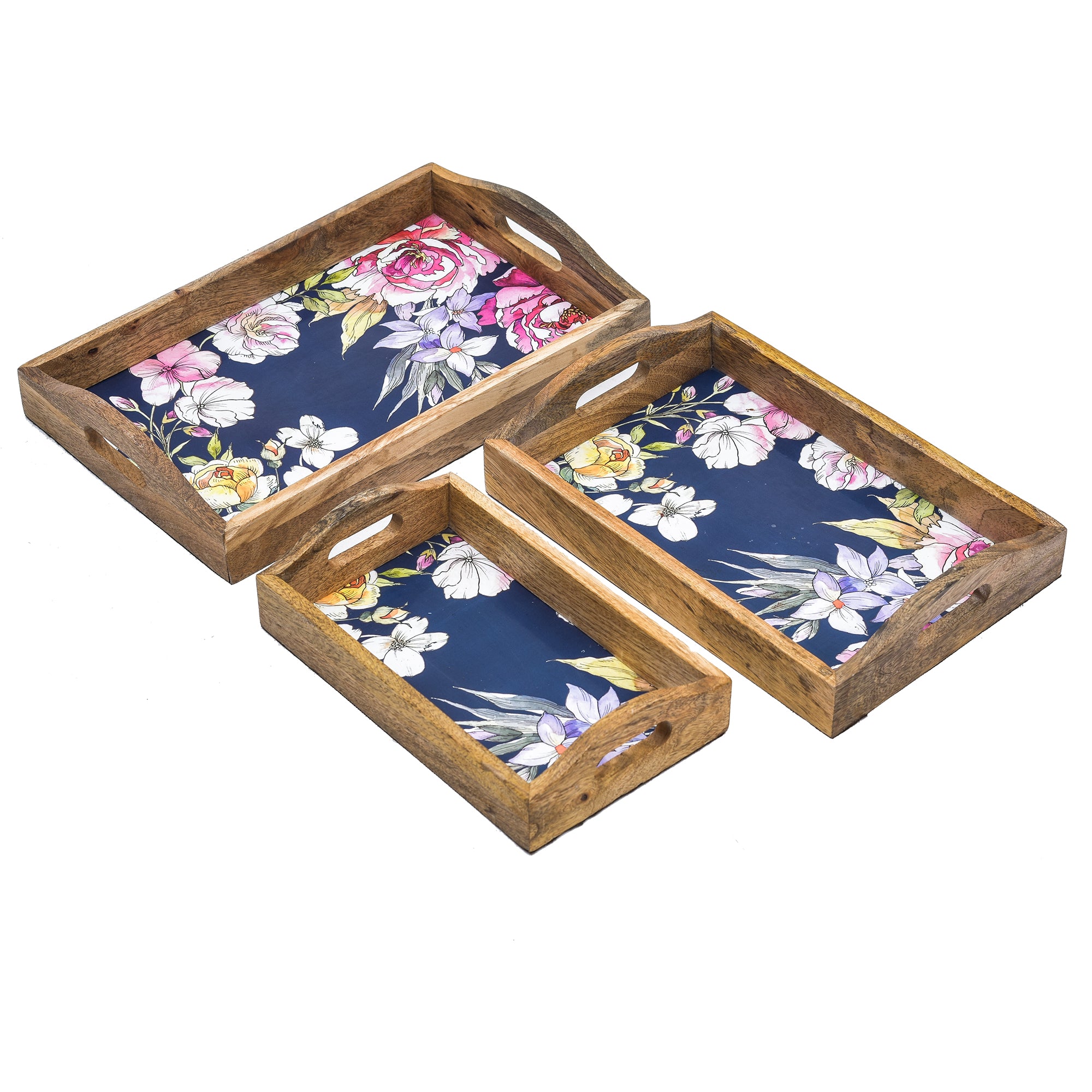 Wooden Serving Tray With Curved Handle And Phool Print