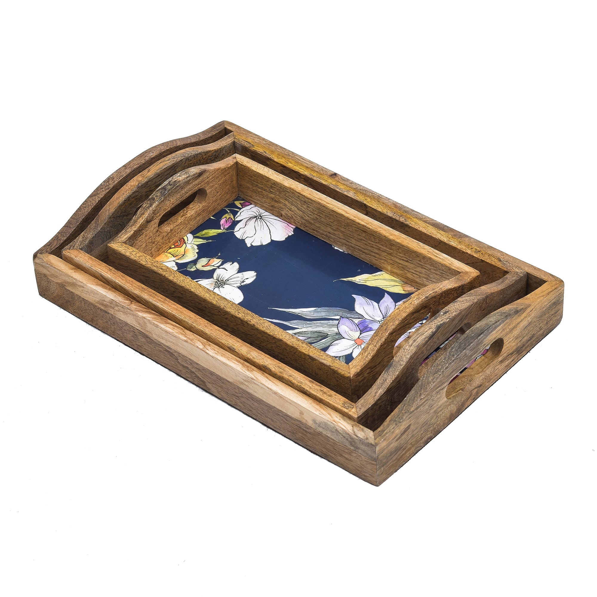 Wooden Serving Tray With Curved Handle And Phool Print