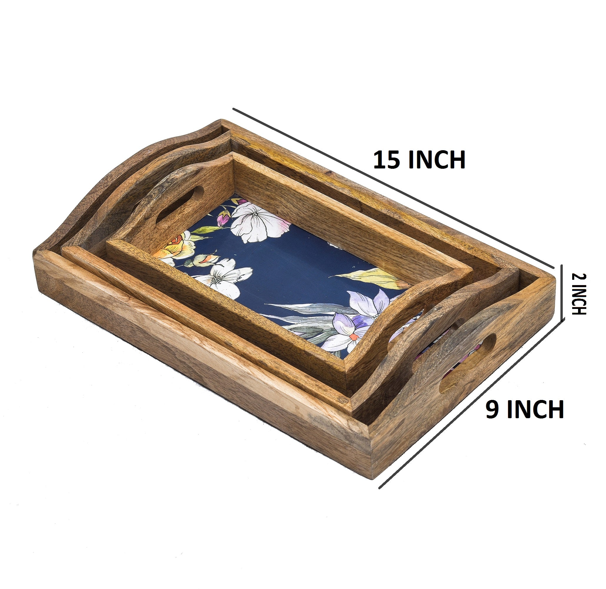 Wooden Serving Tray With Curved Handle And Phool Print
