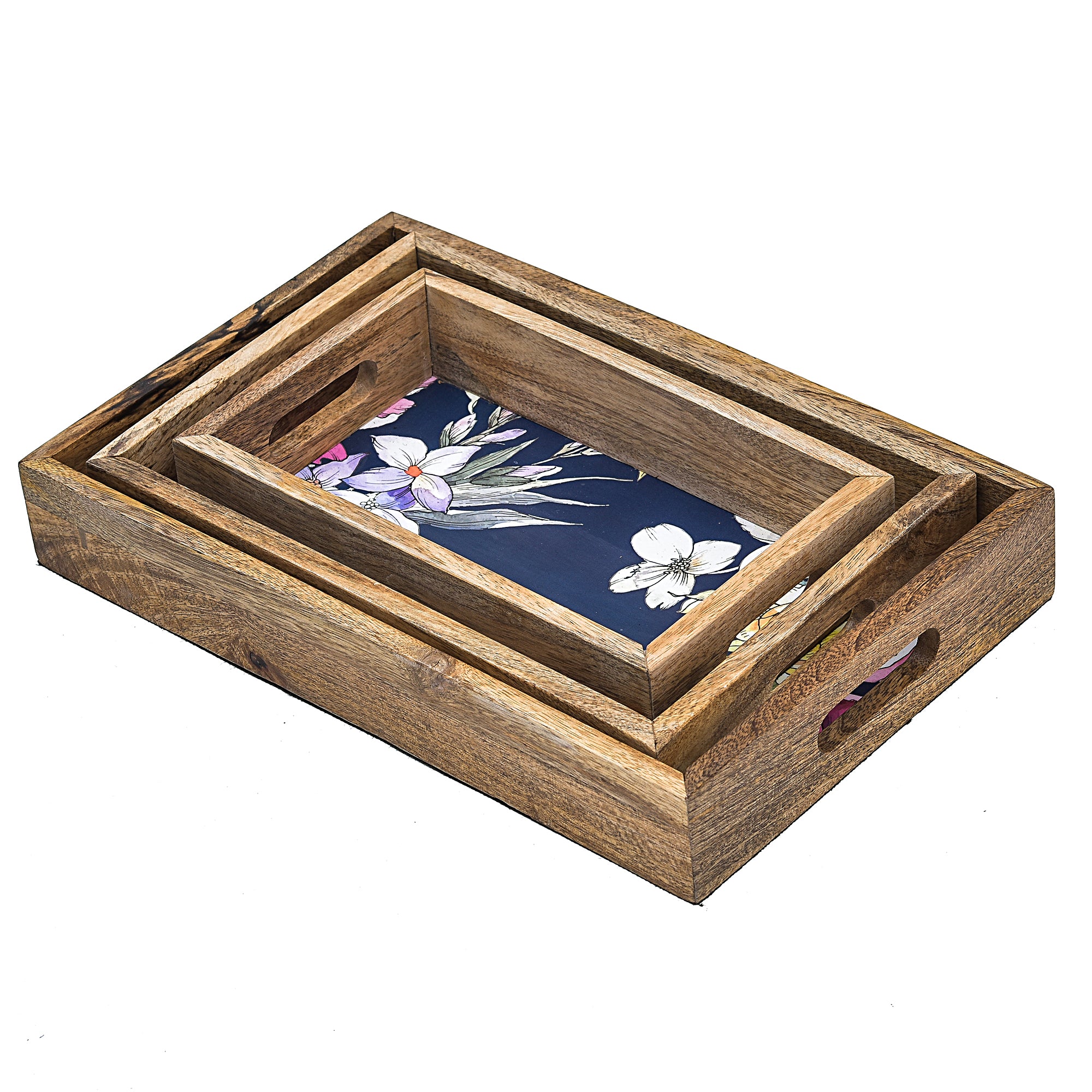 Wooden Serving Tray With Plain Handle And Phool Print Set Of 3