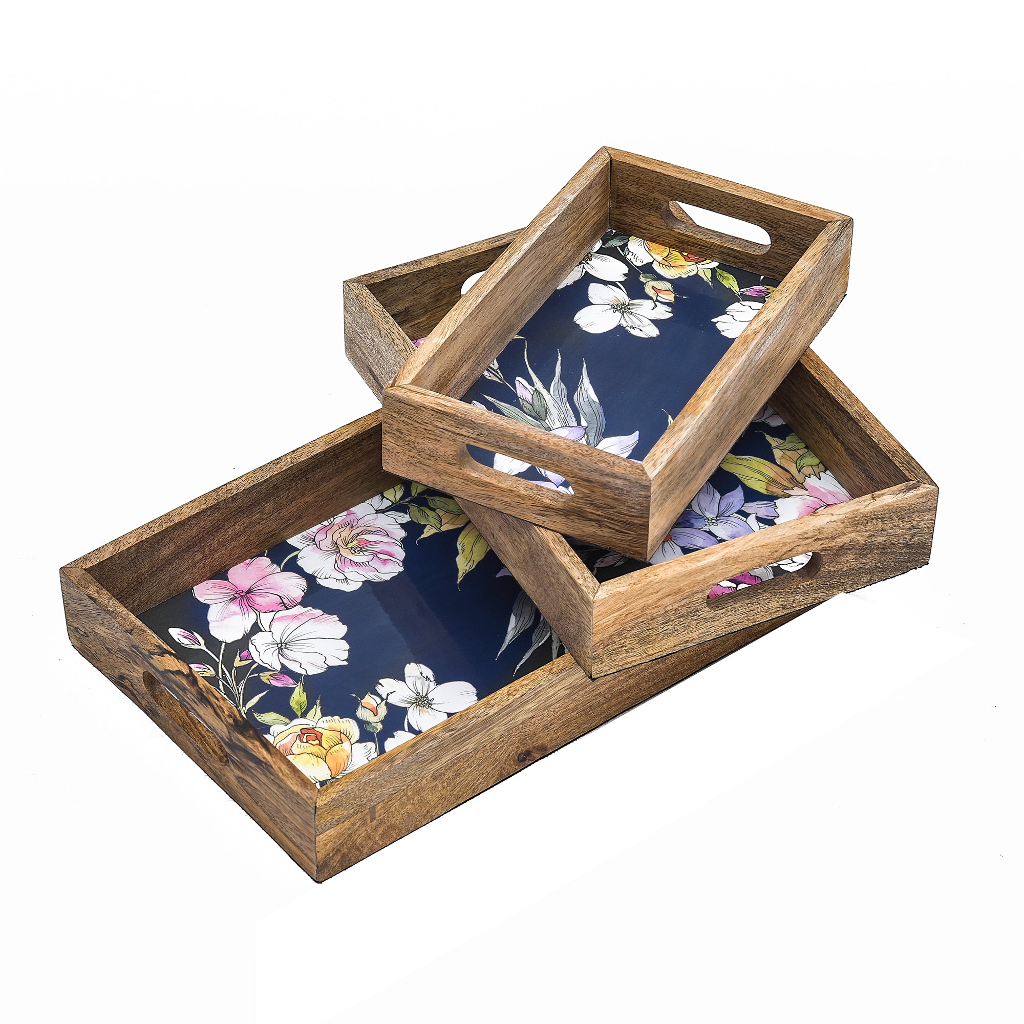 Wooden Serving Tray With Plain Handle And Phool Print Set Of 3