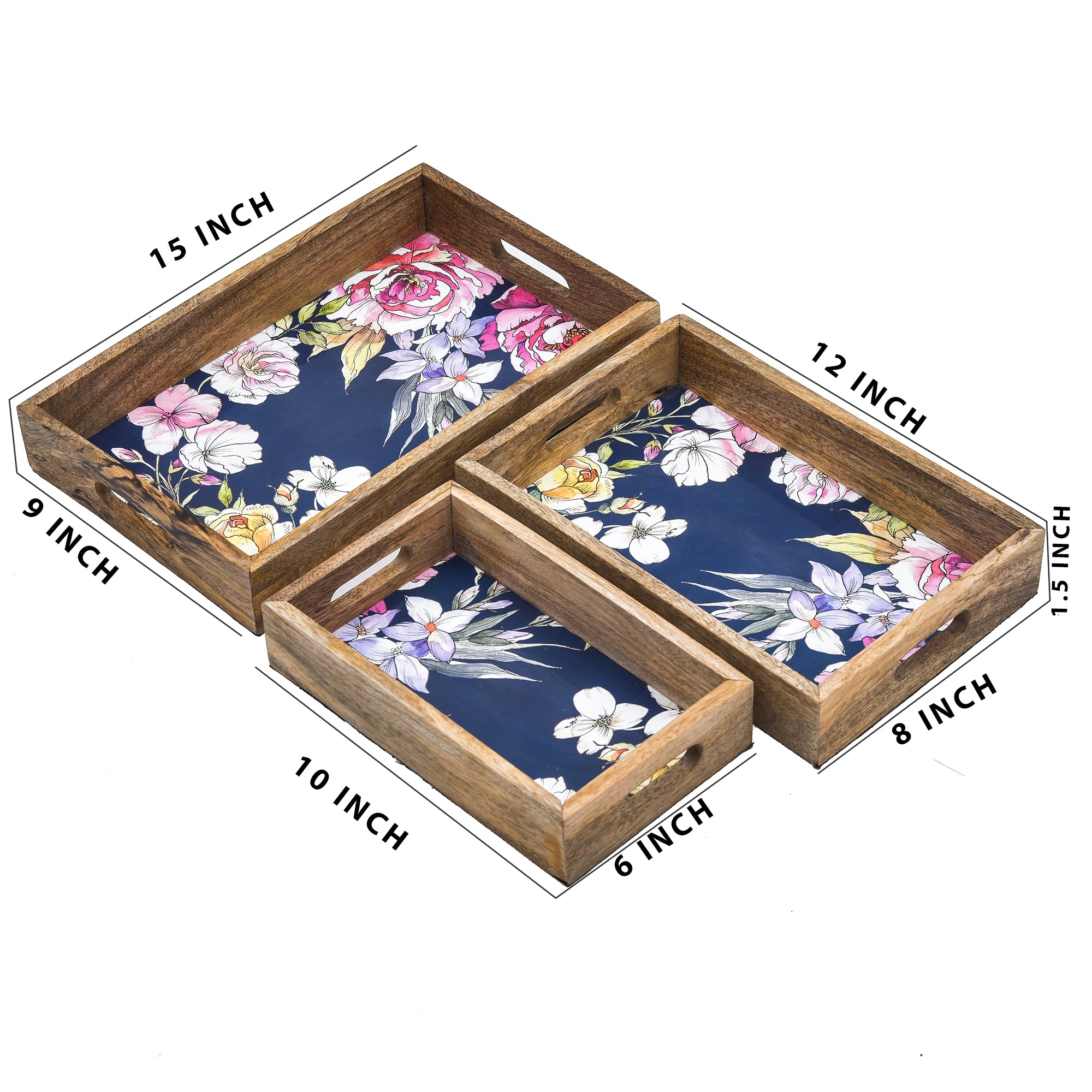 Wooden Serving Tray With Plain Handle And Phool Print Set Of 3