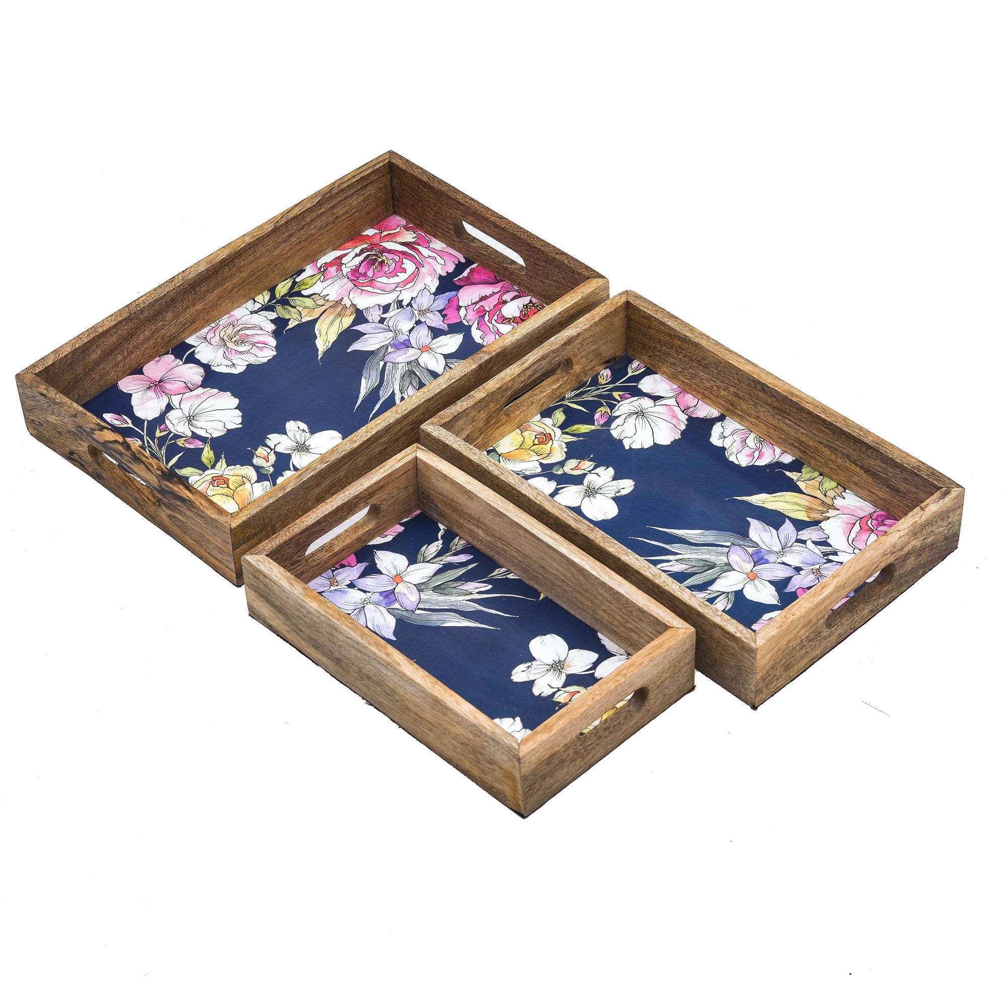 Wooden Serving Tray With Plain Handle And Phool Print Set Of 3