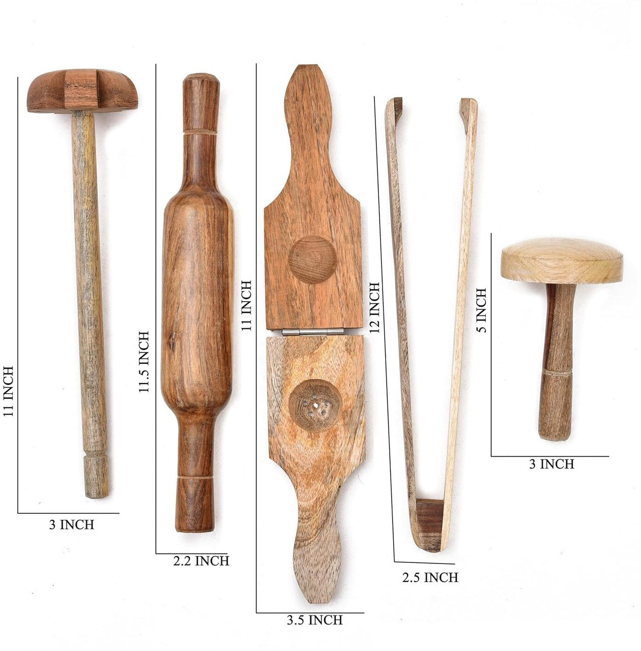 Kitchen Tool Set of 5 (Lemon Squeezer, Rolling Pin, Tong, Masher, Roti Presser)