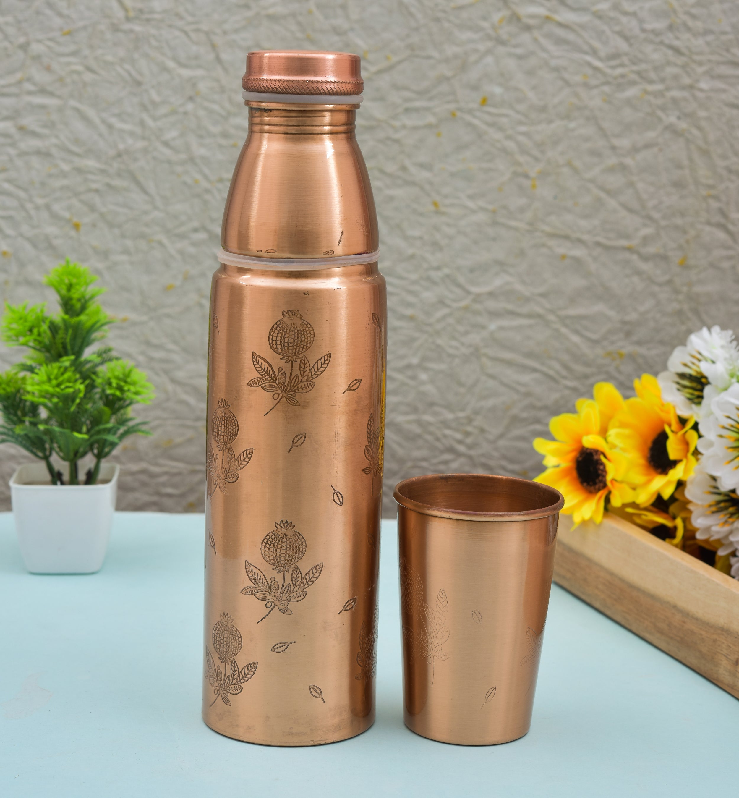 Semi Anar Printed Water Copper Bottle - 1000ml With Glass