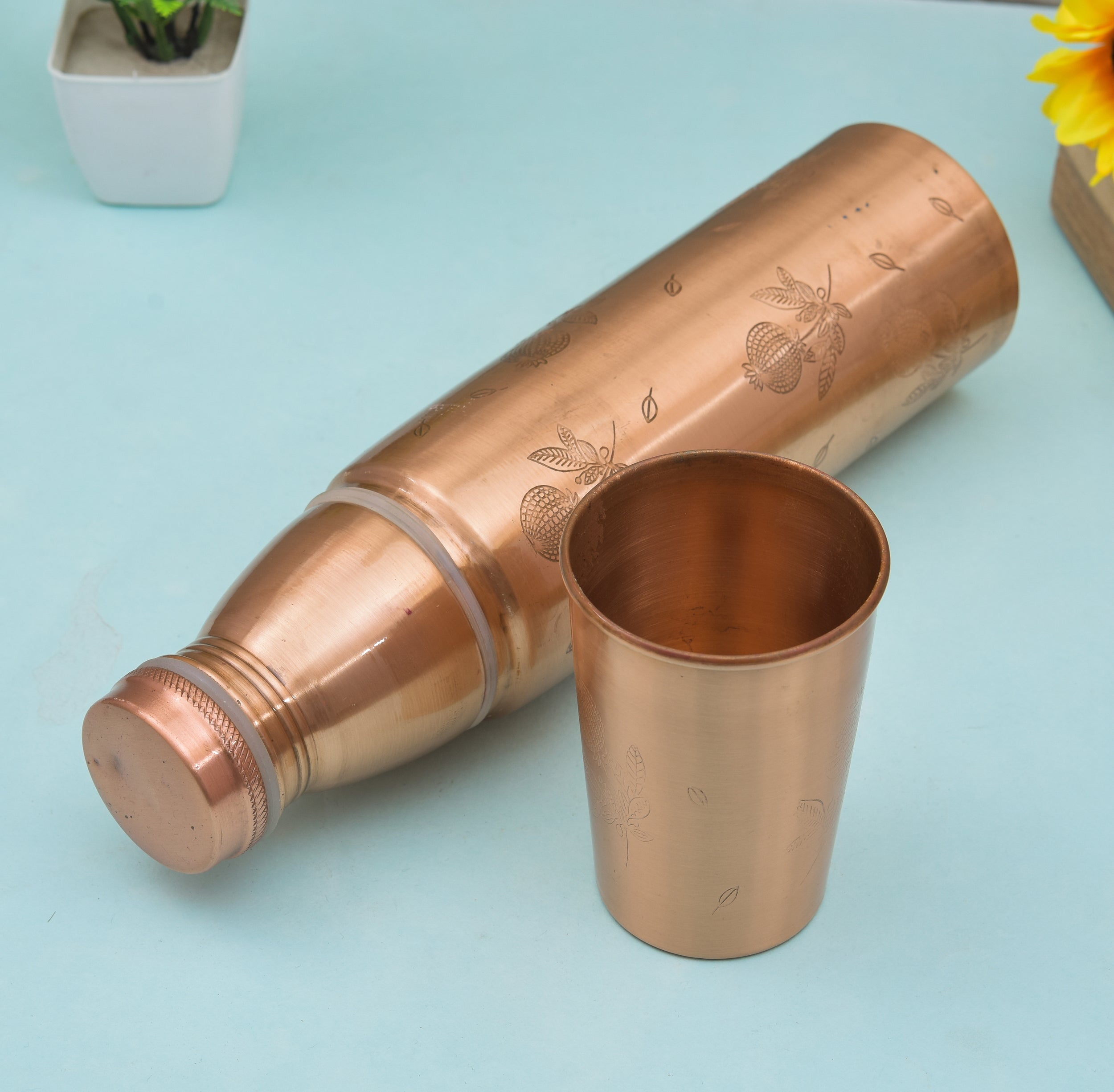 Semi Anar Printed Water Copper Bottle - 1000ml With Glass