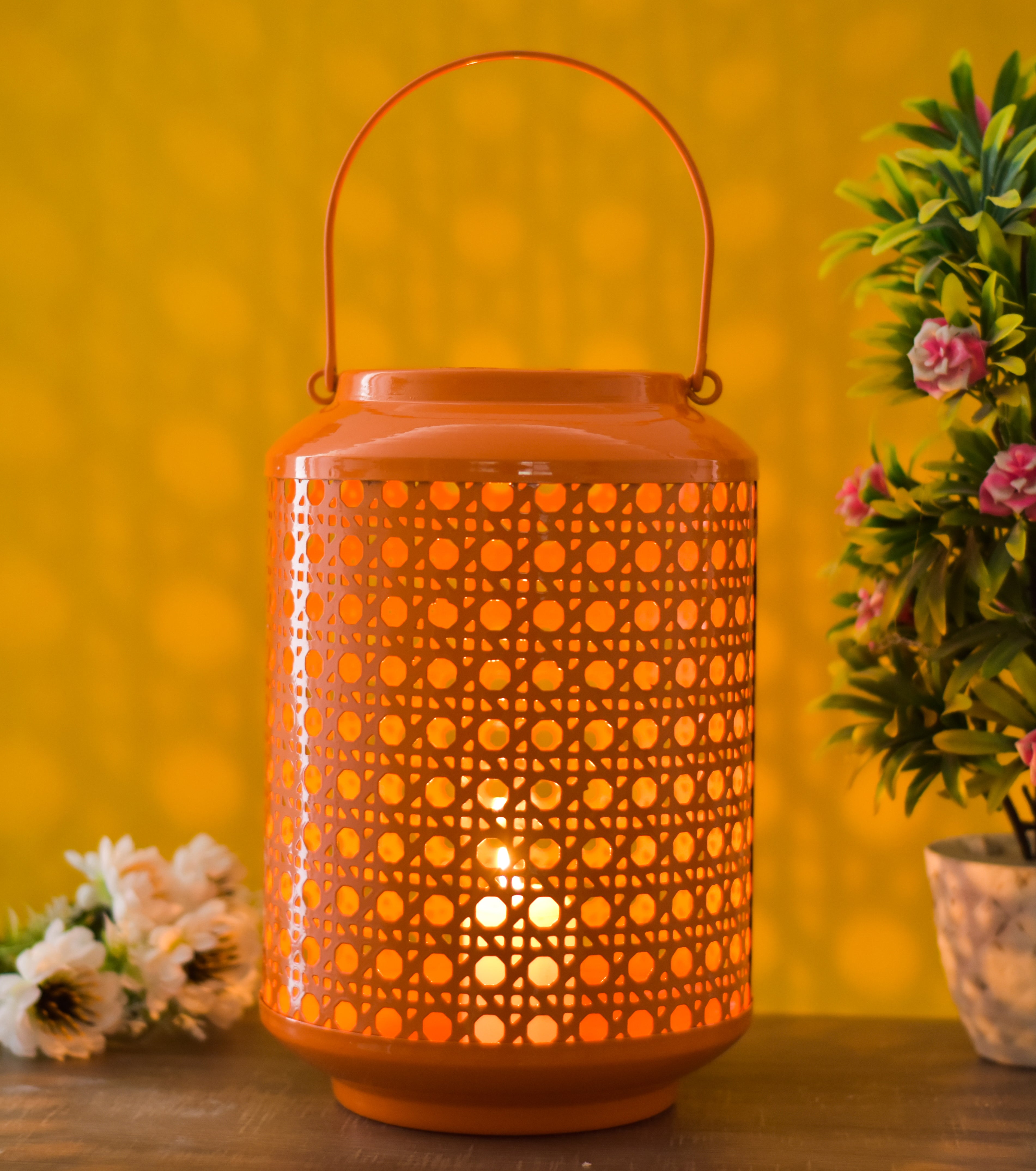 METAL ROUND JALI LANTERN - Orange Color