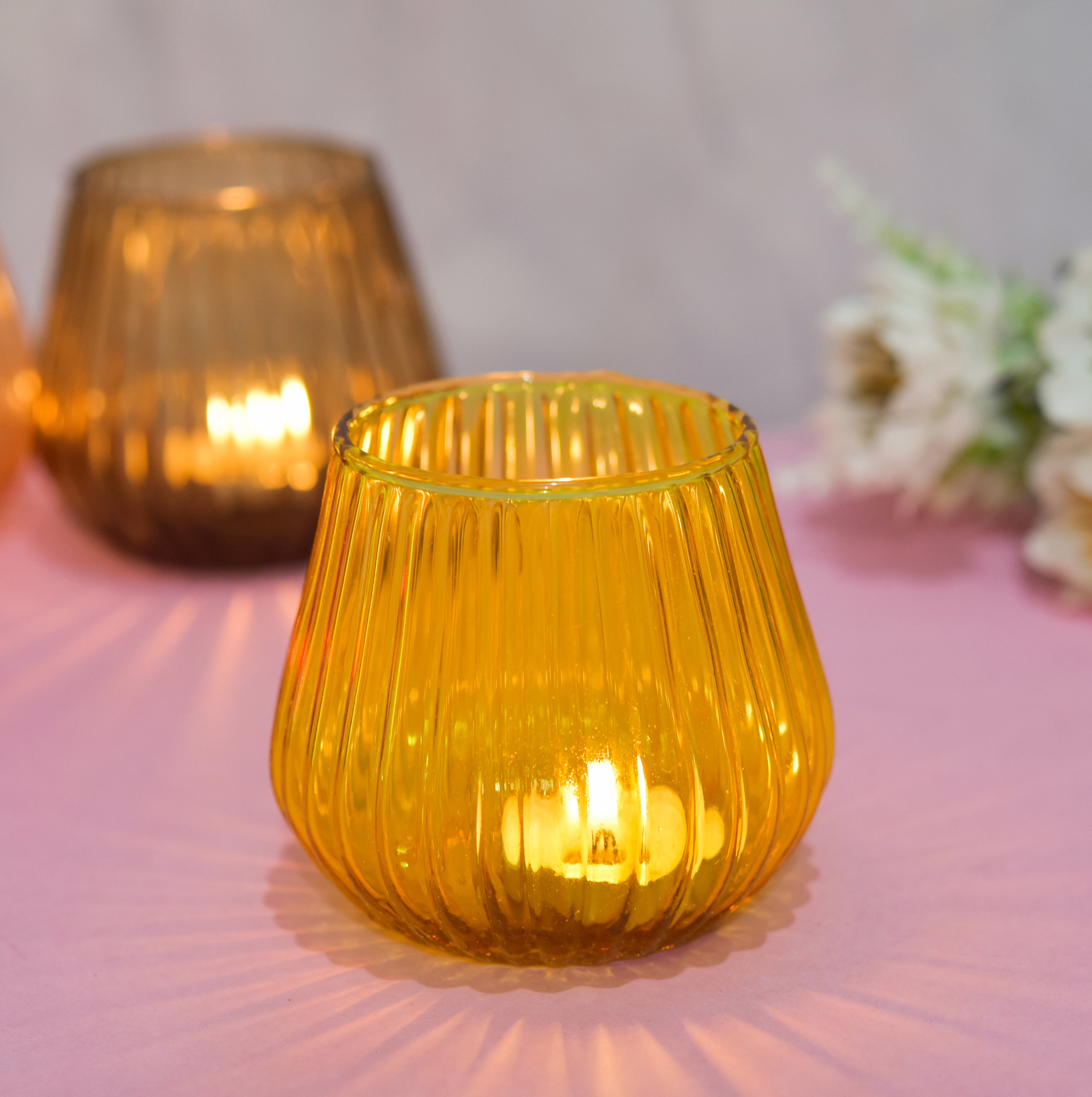 Multi Color Glass Ribbed Candle Holder