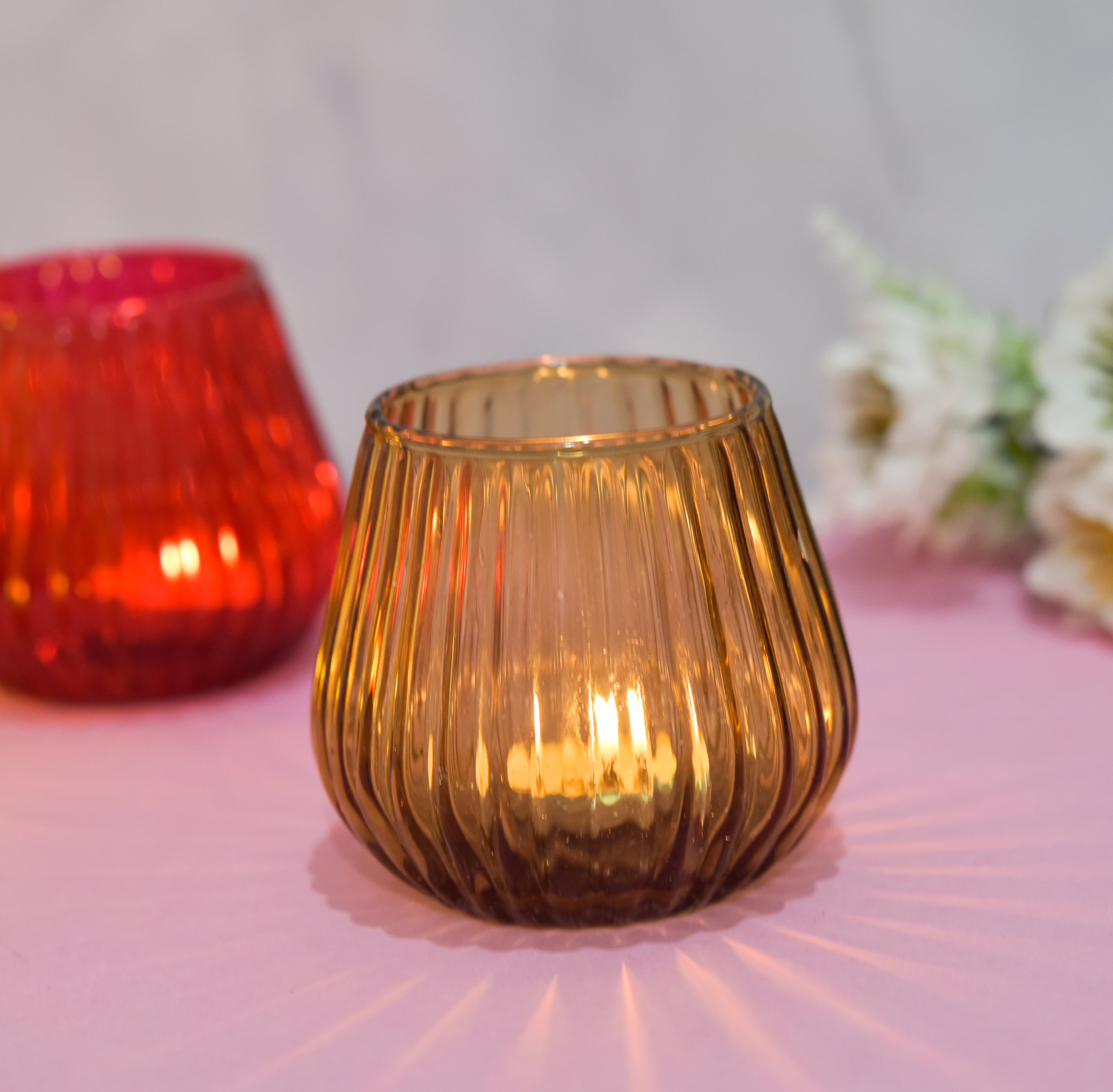 Multi Color Glass Ribbed Candle Holder
