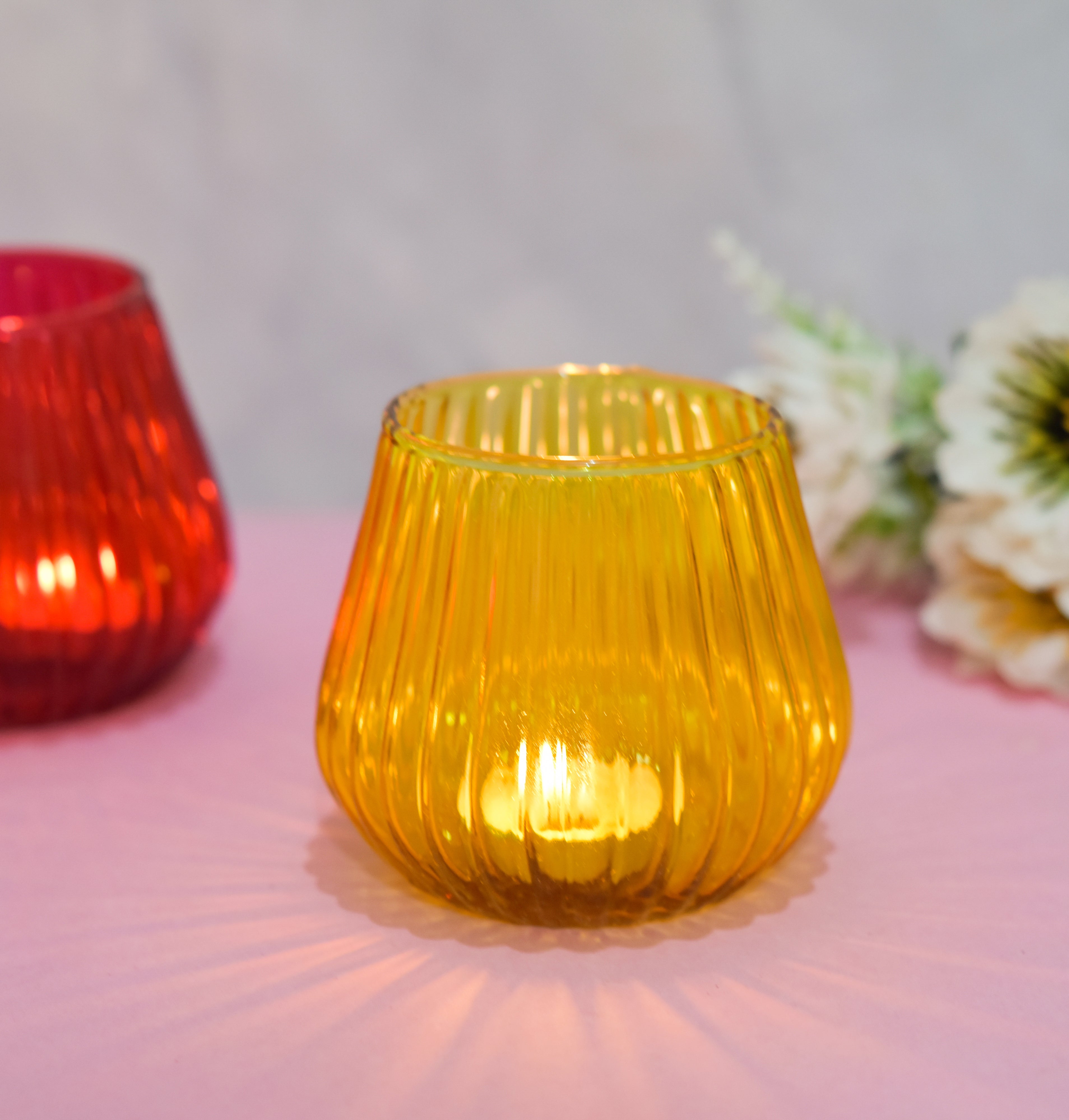 Multi Color Glass Ribbed Candle Holder
