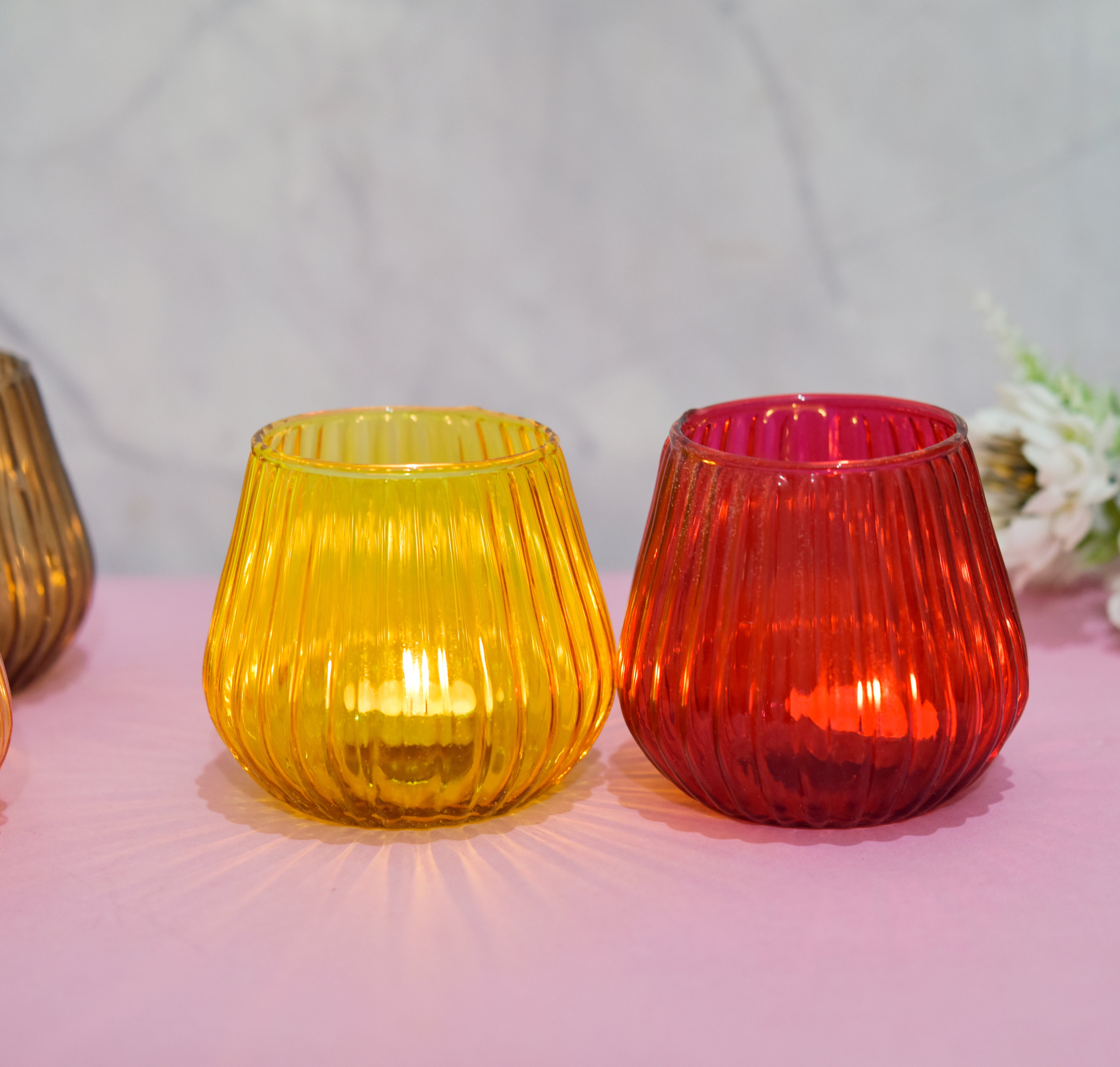 Multi Color Glass Ribbed Candle Holder