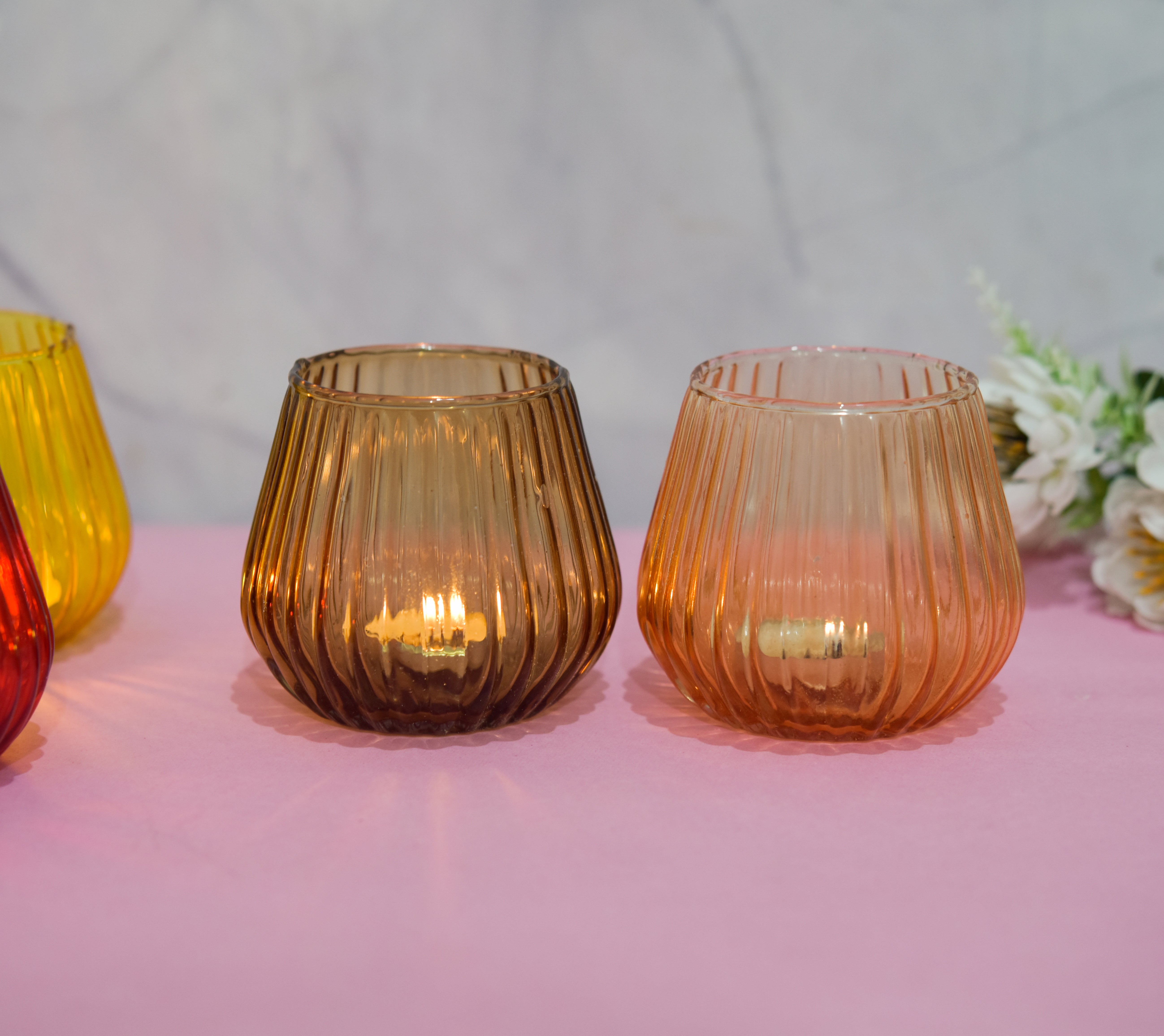 Multi Color Glass Ribbed Candle Holder