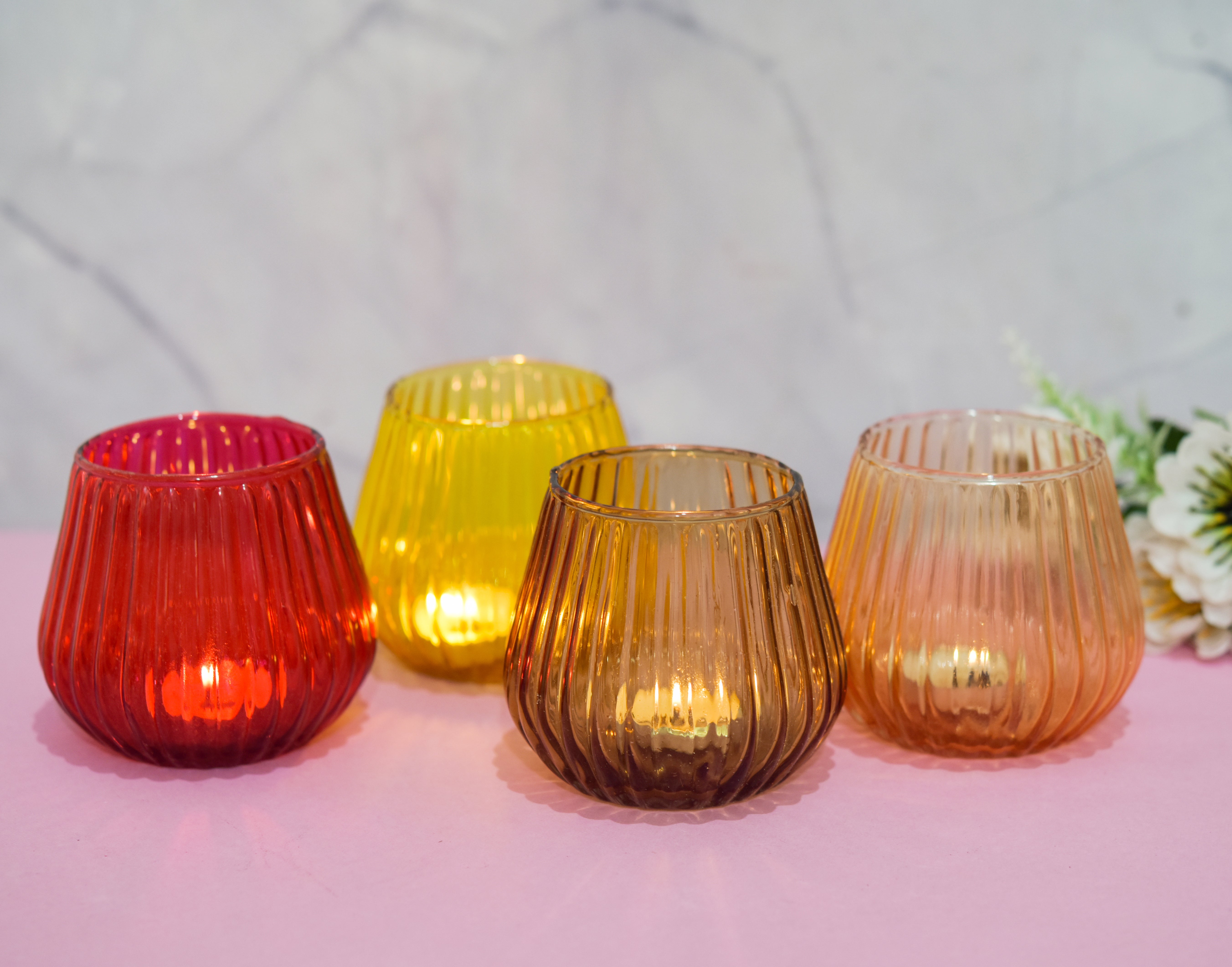 Multi Color Glass Ribbed Candle Holder