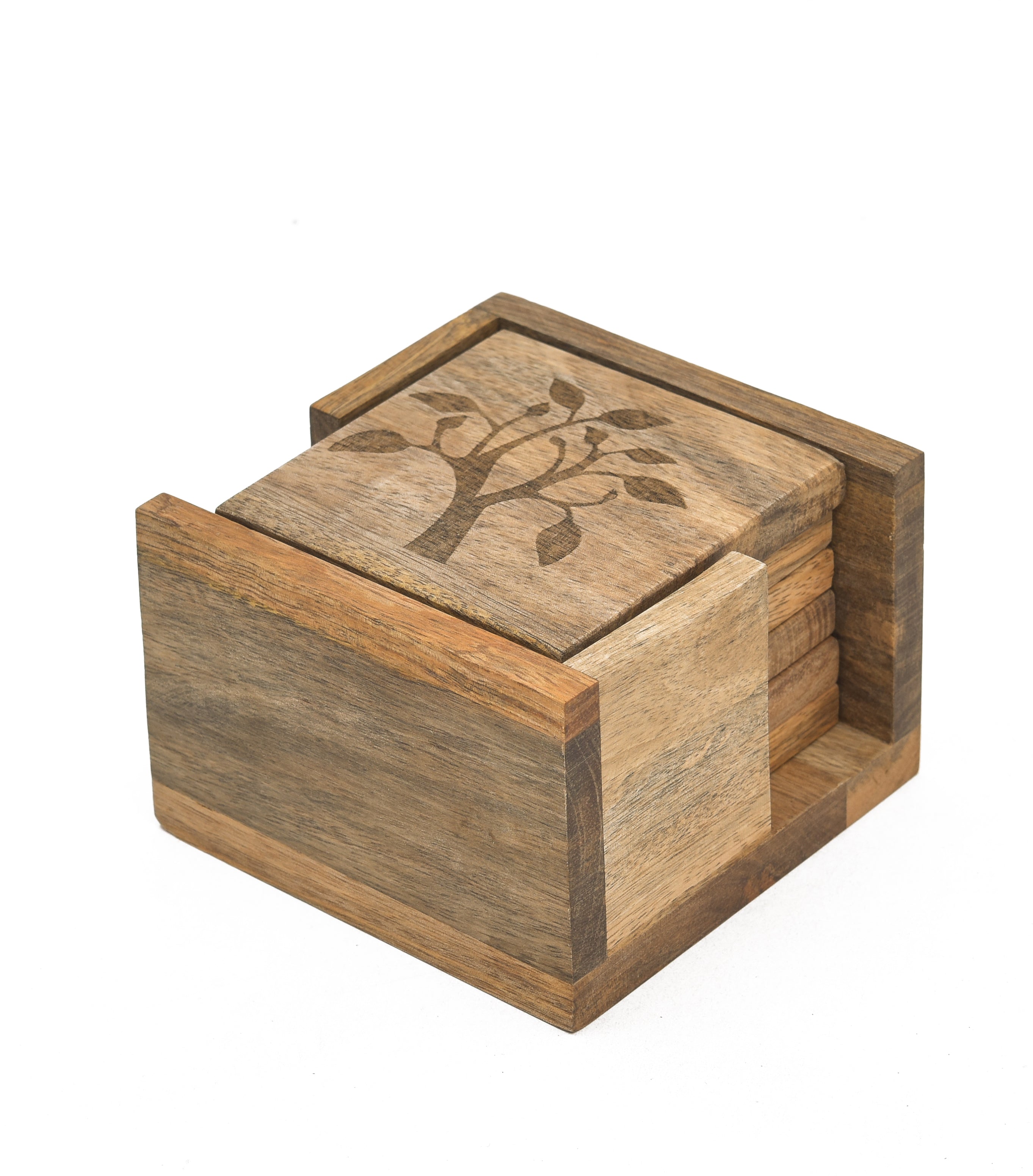 Mango Leaf Wooden Tea Coaster With Holder