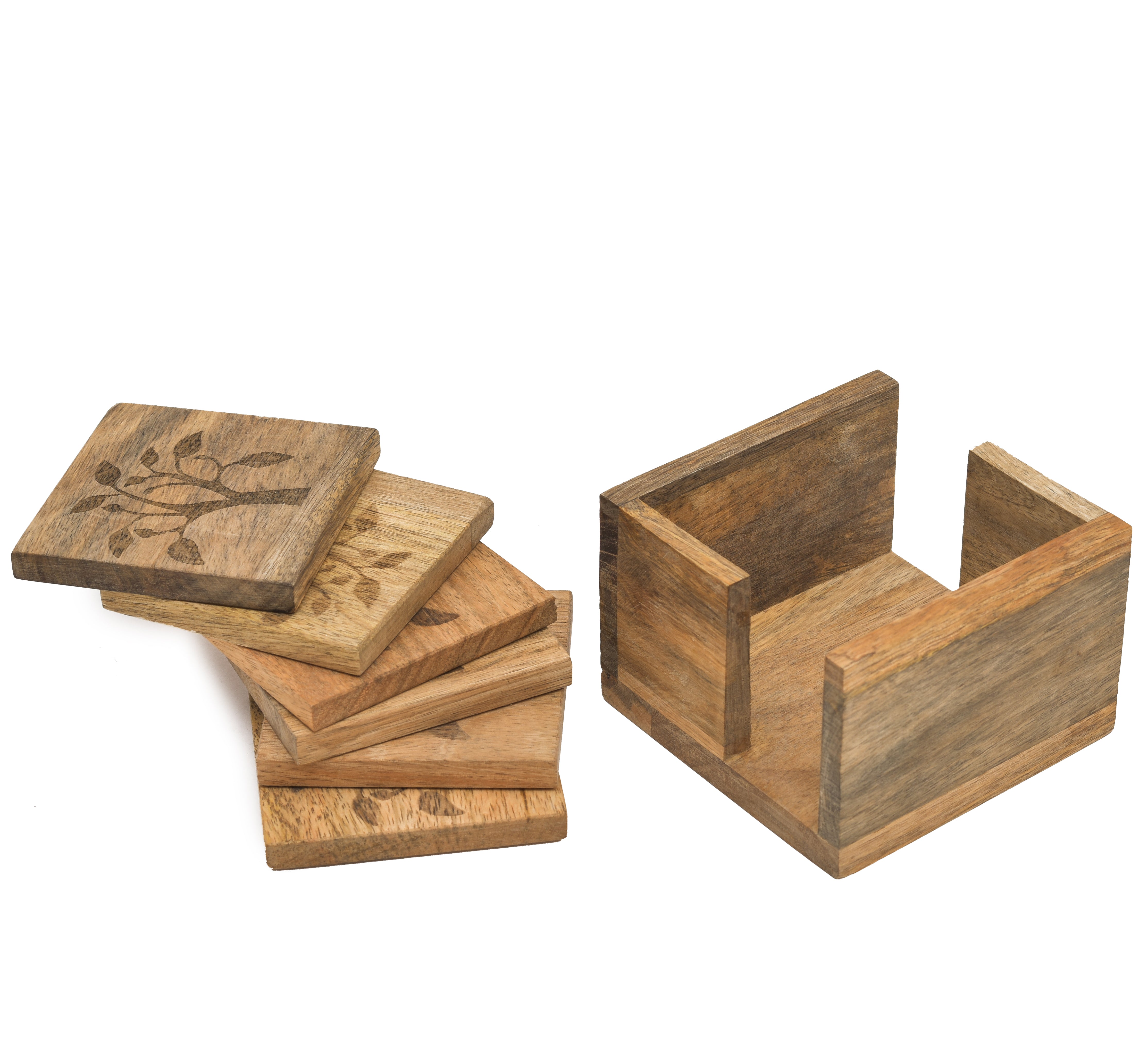 Mango Leaf Wooden Tea Coaster With Holder