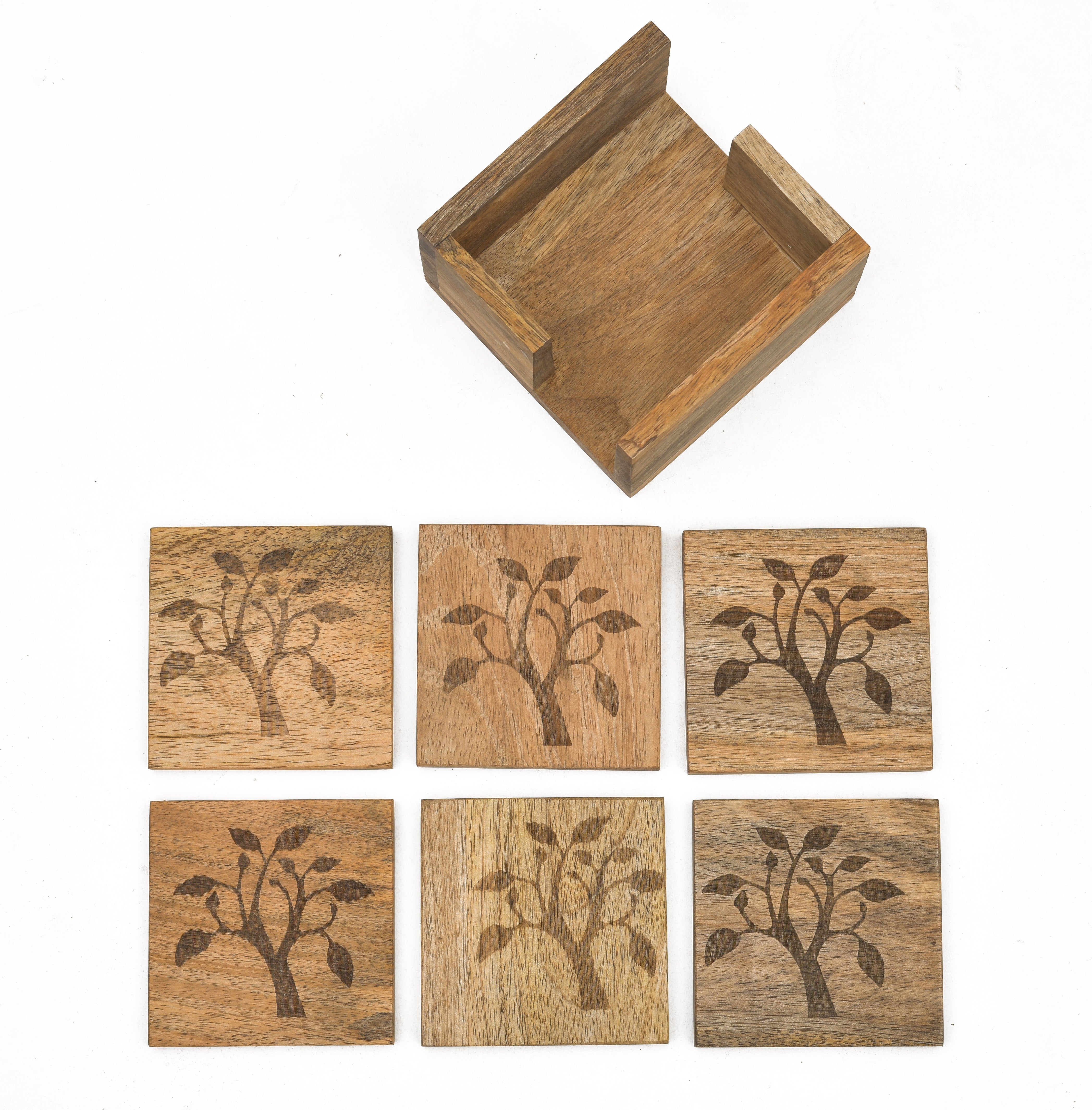 Mango Leaf Wooden Tea Coaster With Holder