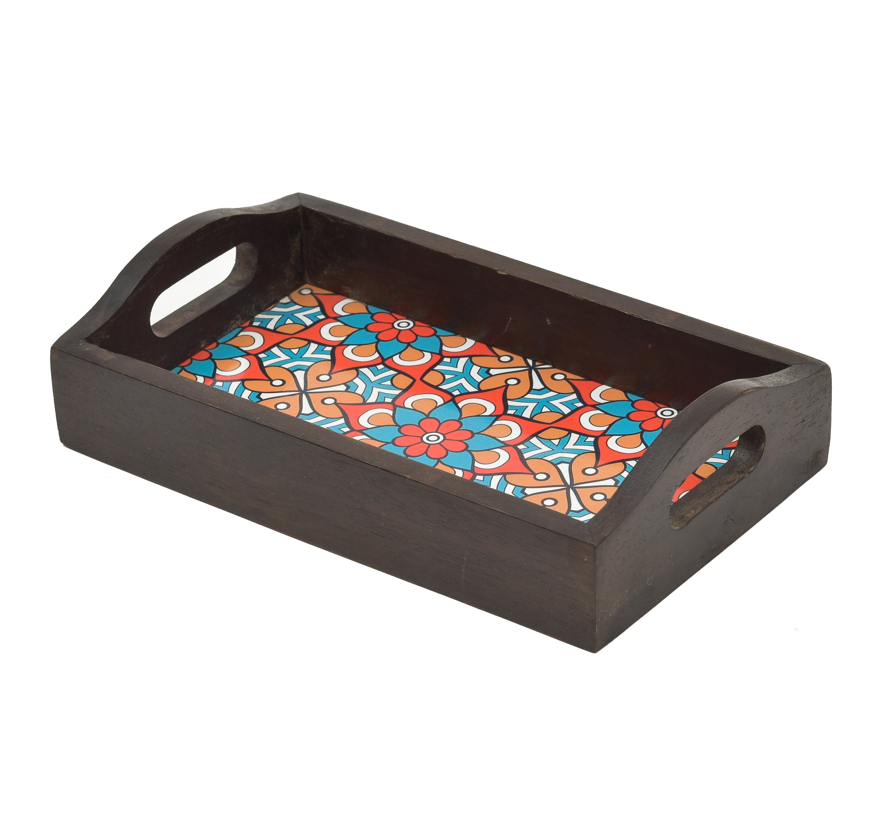 Rectangle Wooden Serving Tray With Blue Floral Print