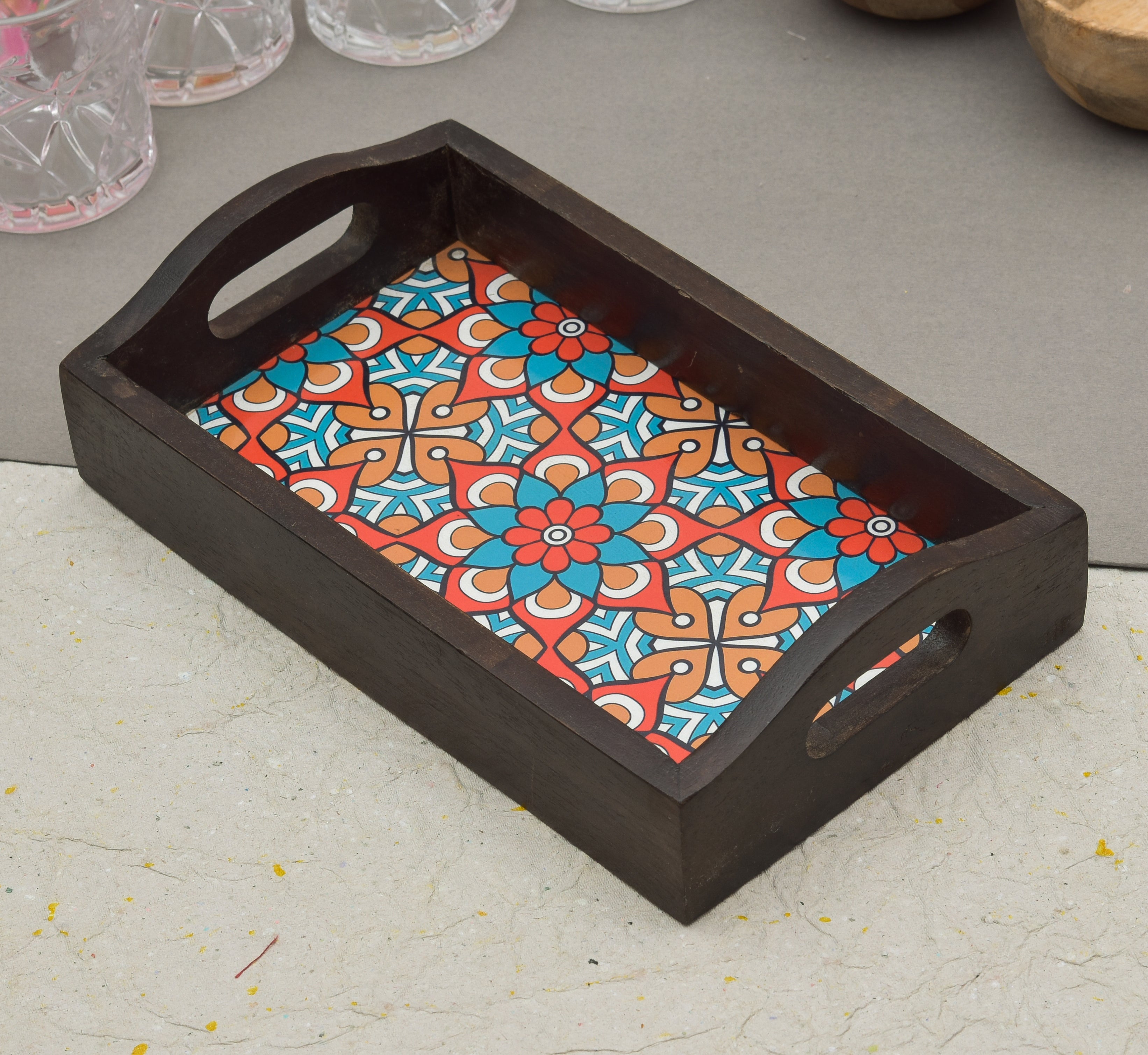 Rectangle Wooden Serving Tray With Blue Floral Print