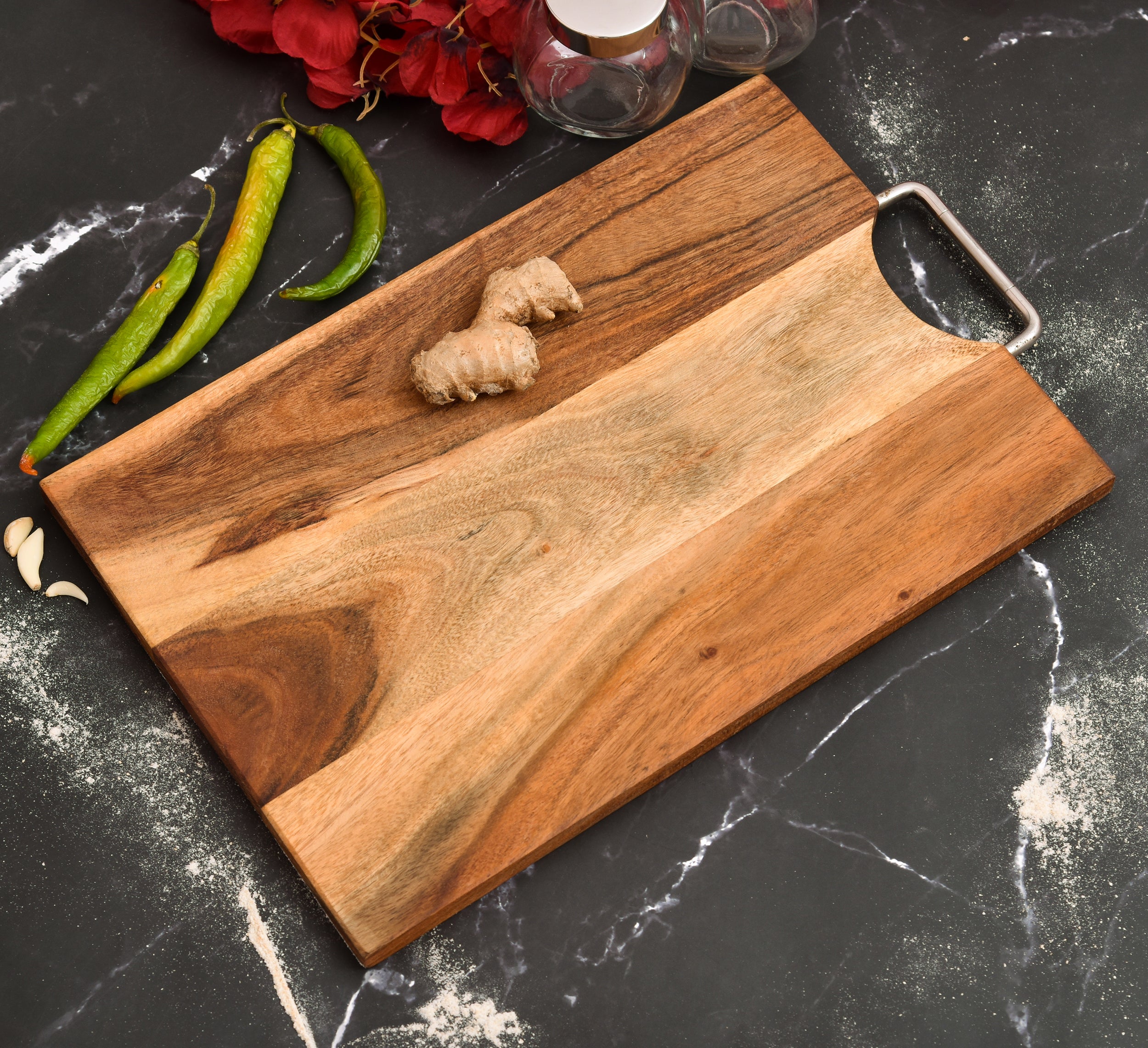 ACACIA WOOD RECT. Serving Board and Platter with SS HANDLE 15*10