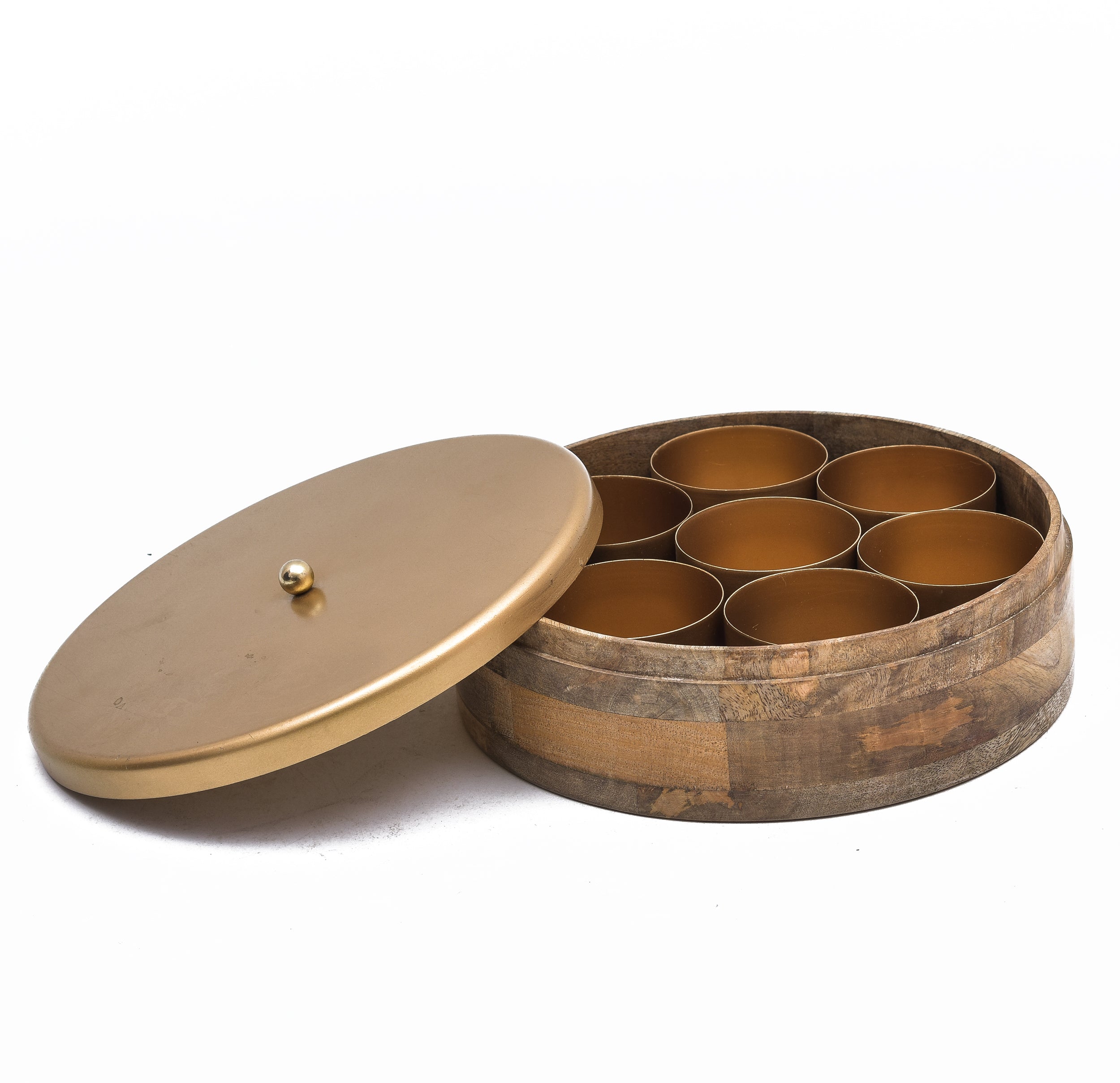 MANGO WOOD MASALA BOX & IRON LID 7 IRON BOWL