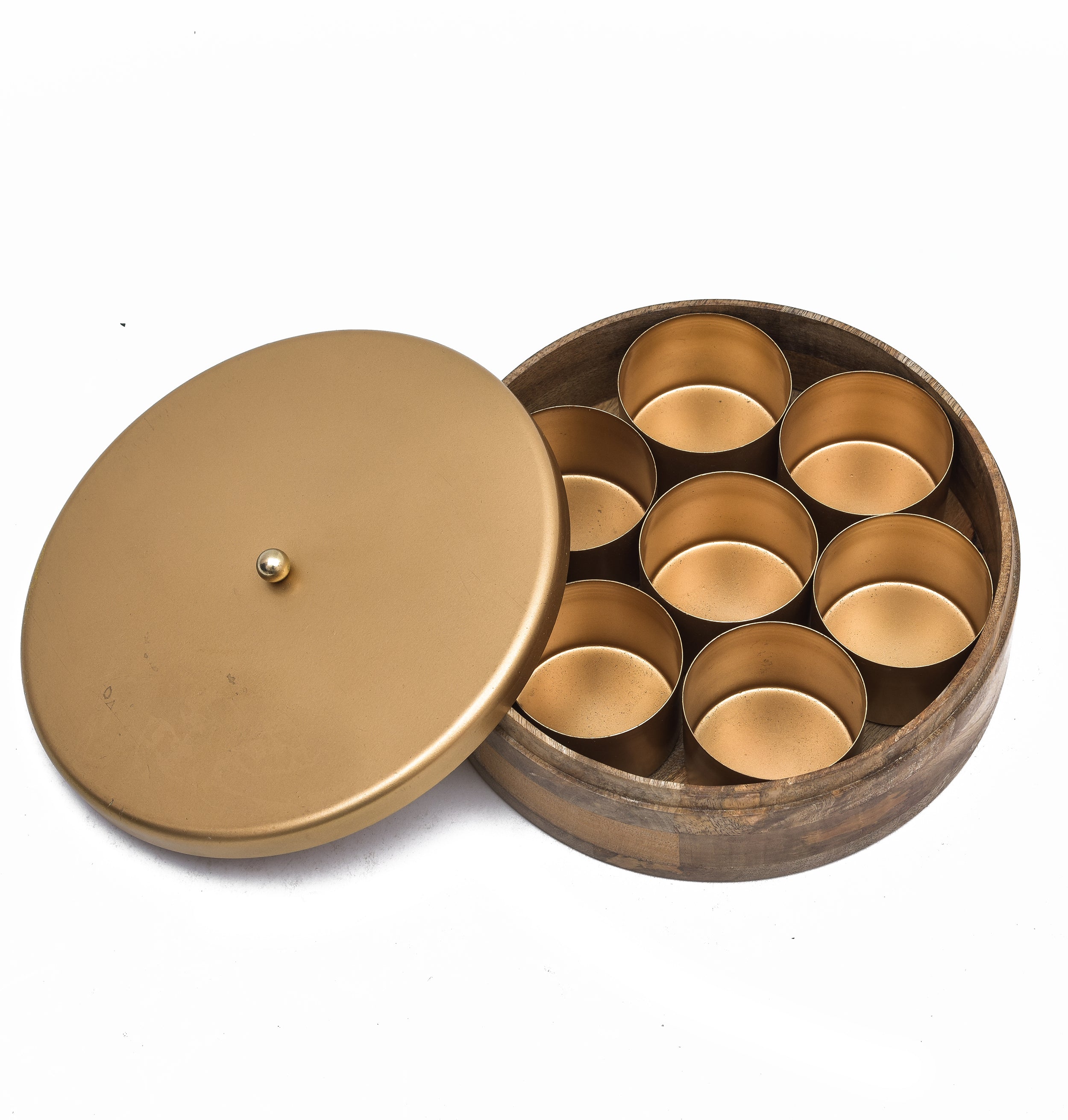 MANGO WOOD MASALA BOX & IRON LID 7 IRON BOWL