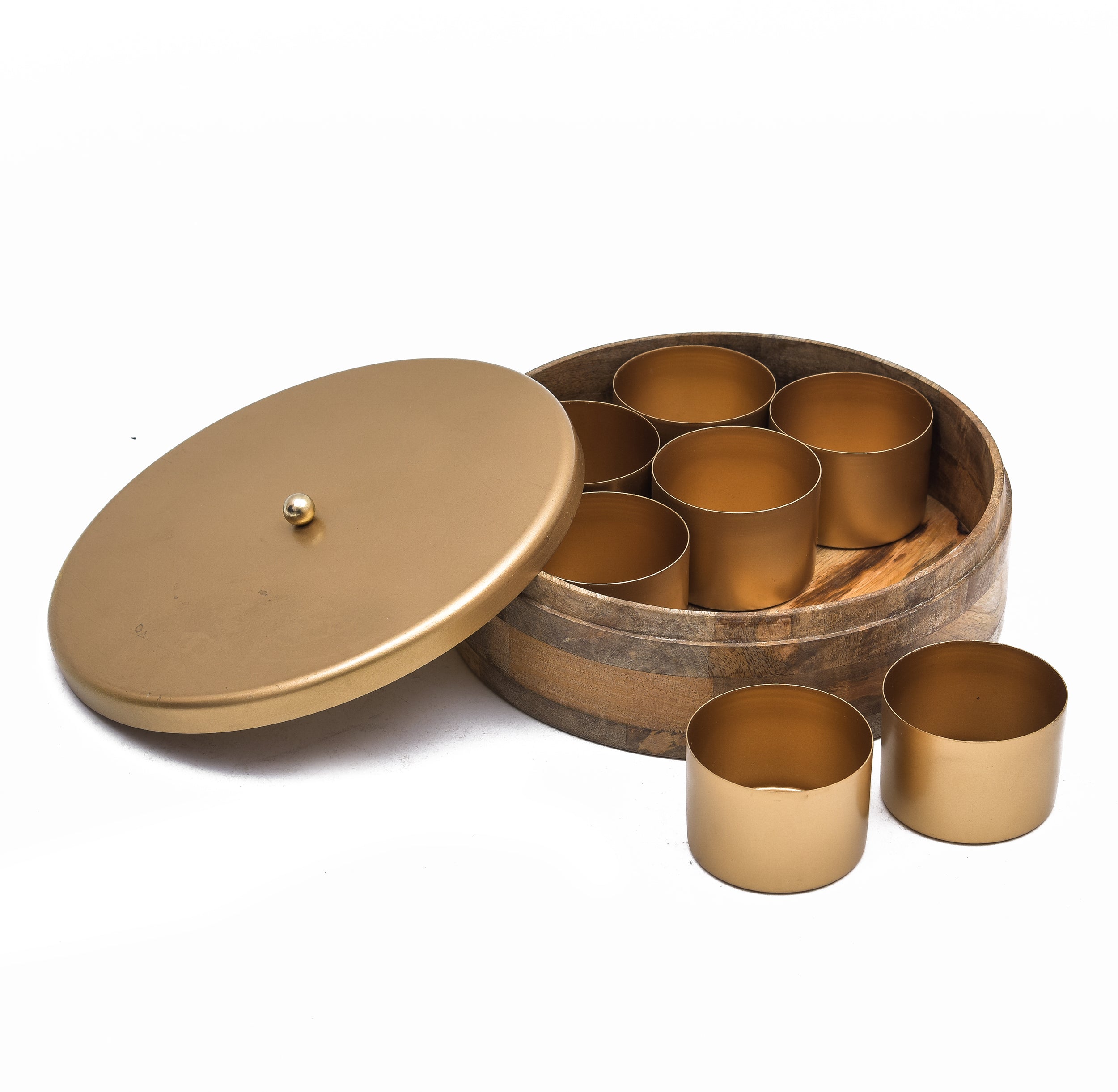 MANGO WOOD MASALA BOX & IRON LID 7 IRON BOWL