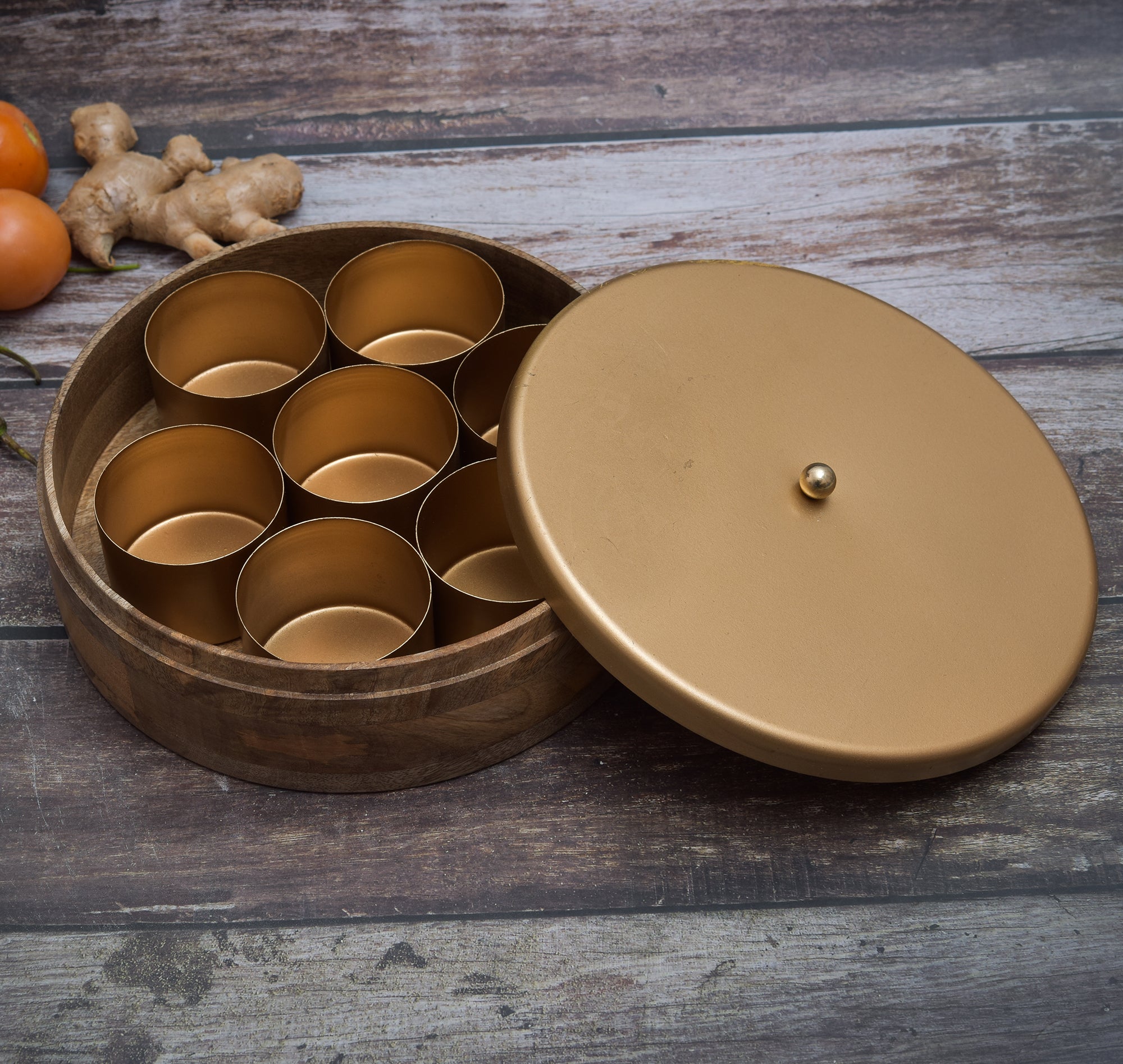 MANGO WOOD MASALA BOX & IRON LID 7 IRON BOWL