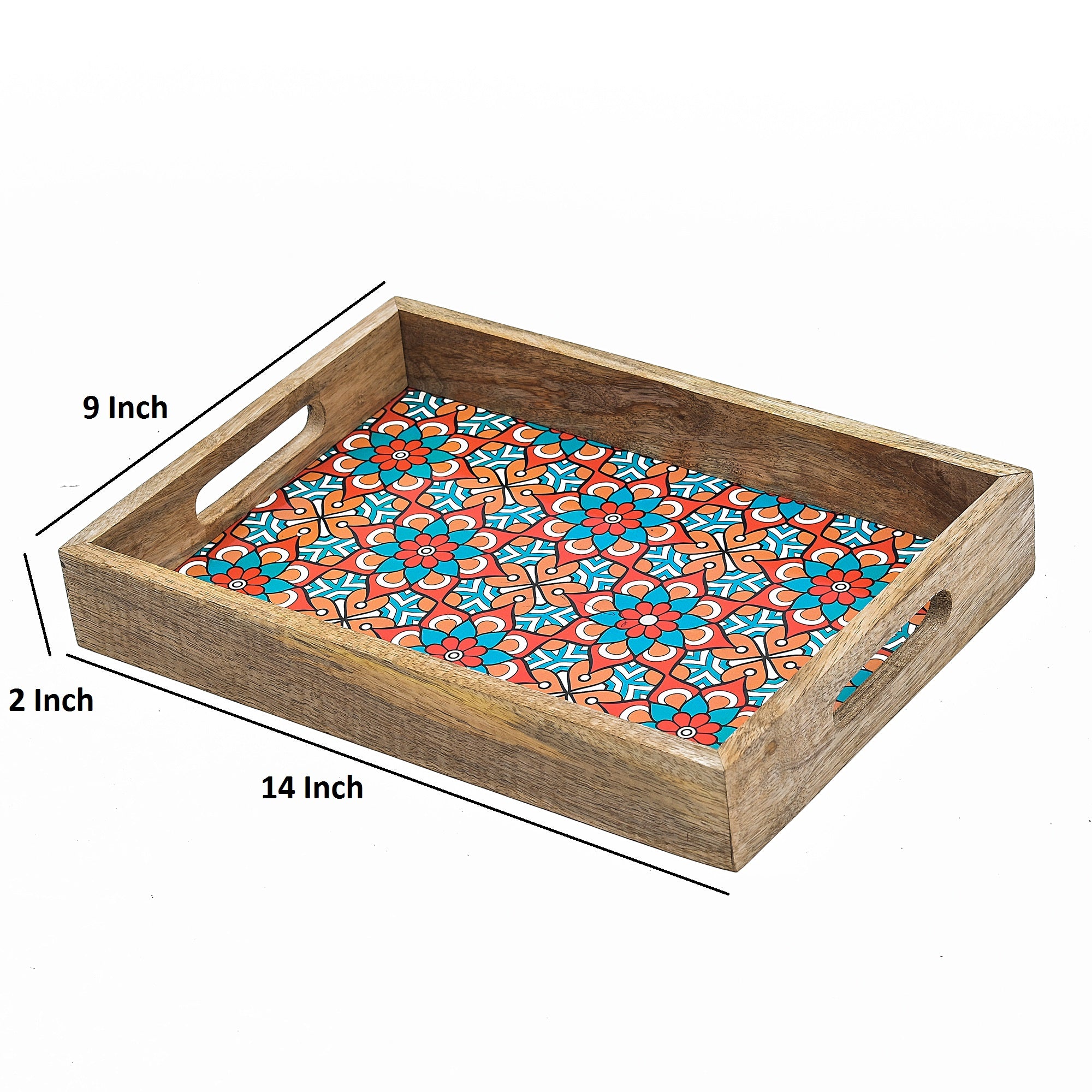 Wooden Serving Tray With Blue Flora Print