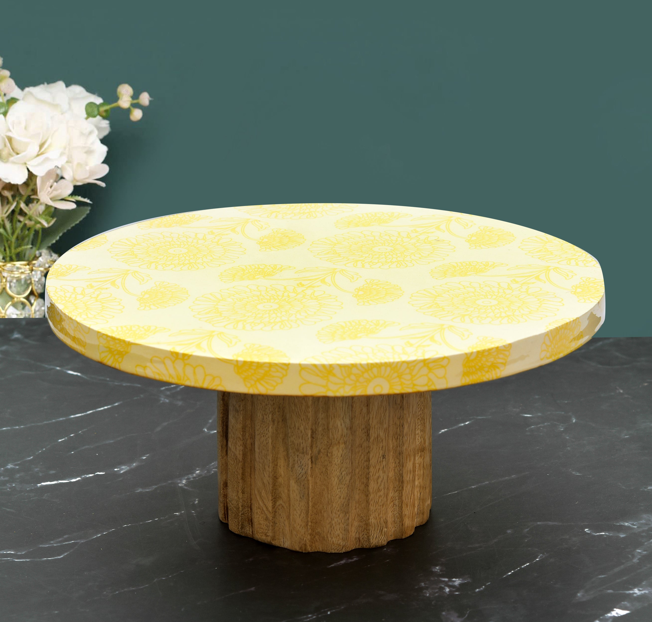 Marigold Printed Wooden Serving Tray And Stand