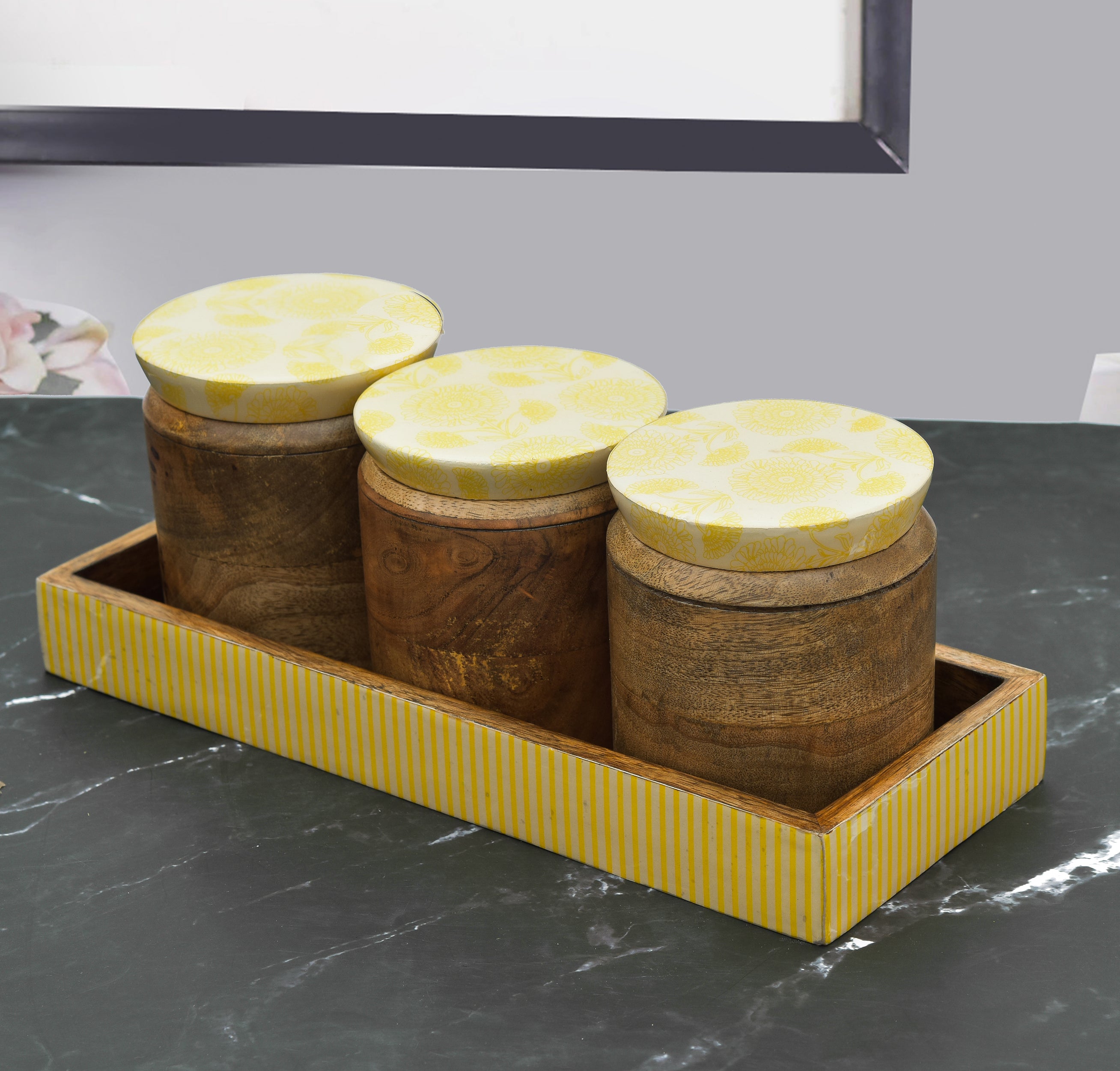 Marigold Printed Tray With 3pcs Jar Set