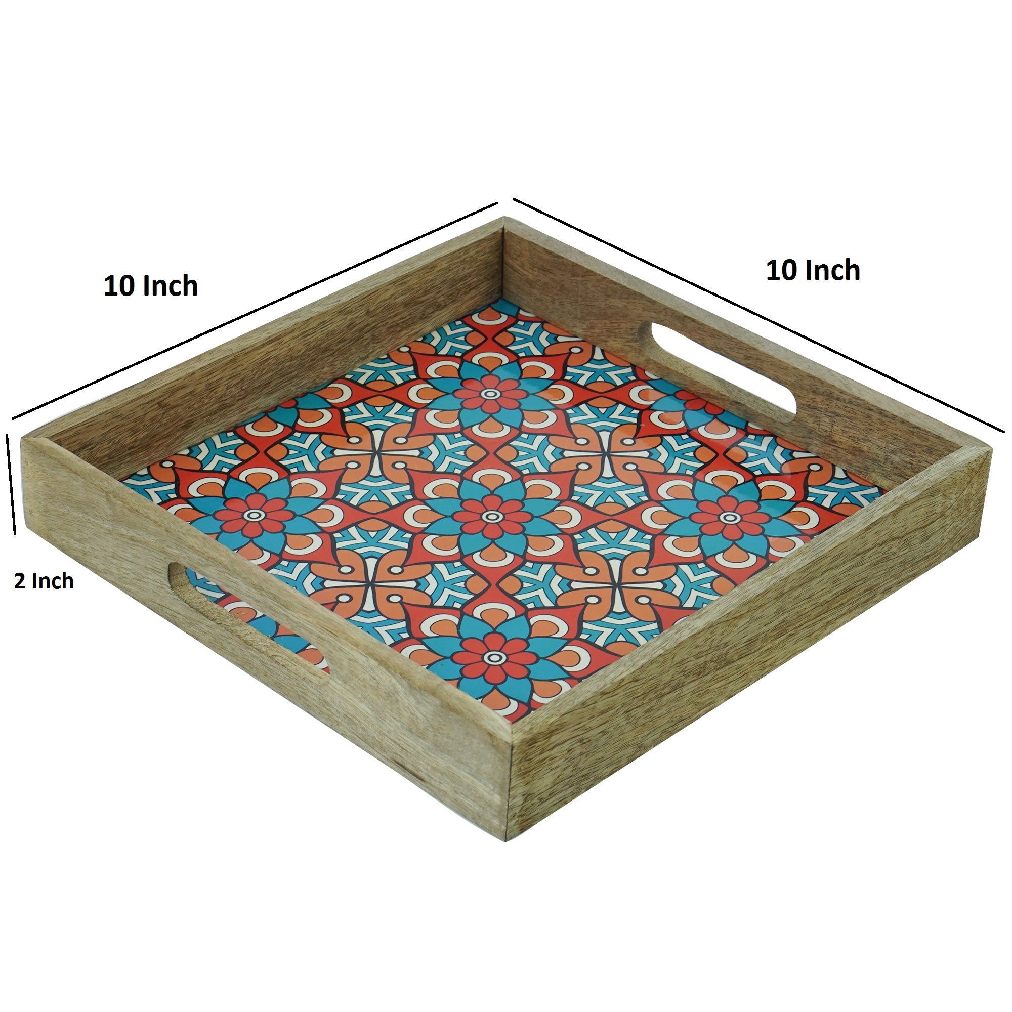 Wooden Serving Tray With Blue Flora Print