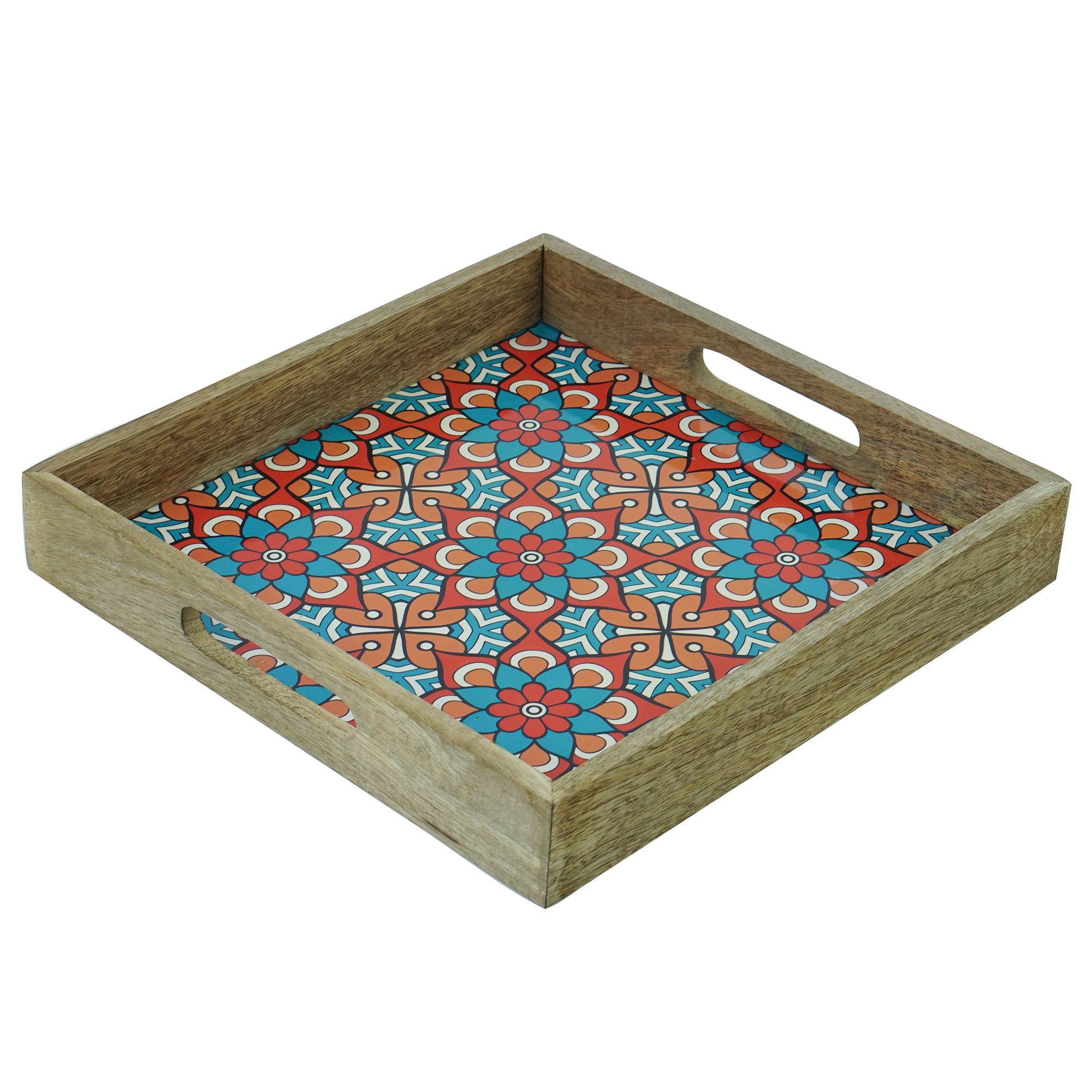 Wooden Serving Tray With Blue Flora Print