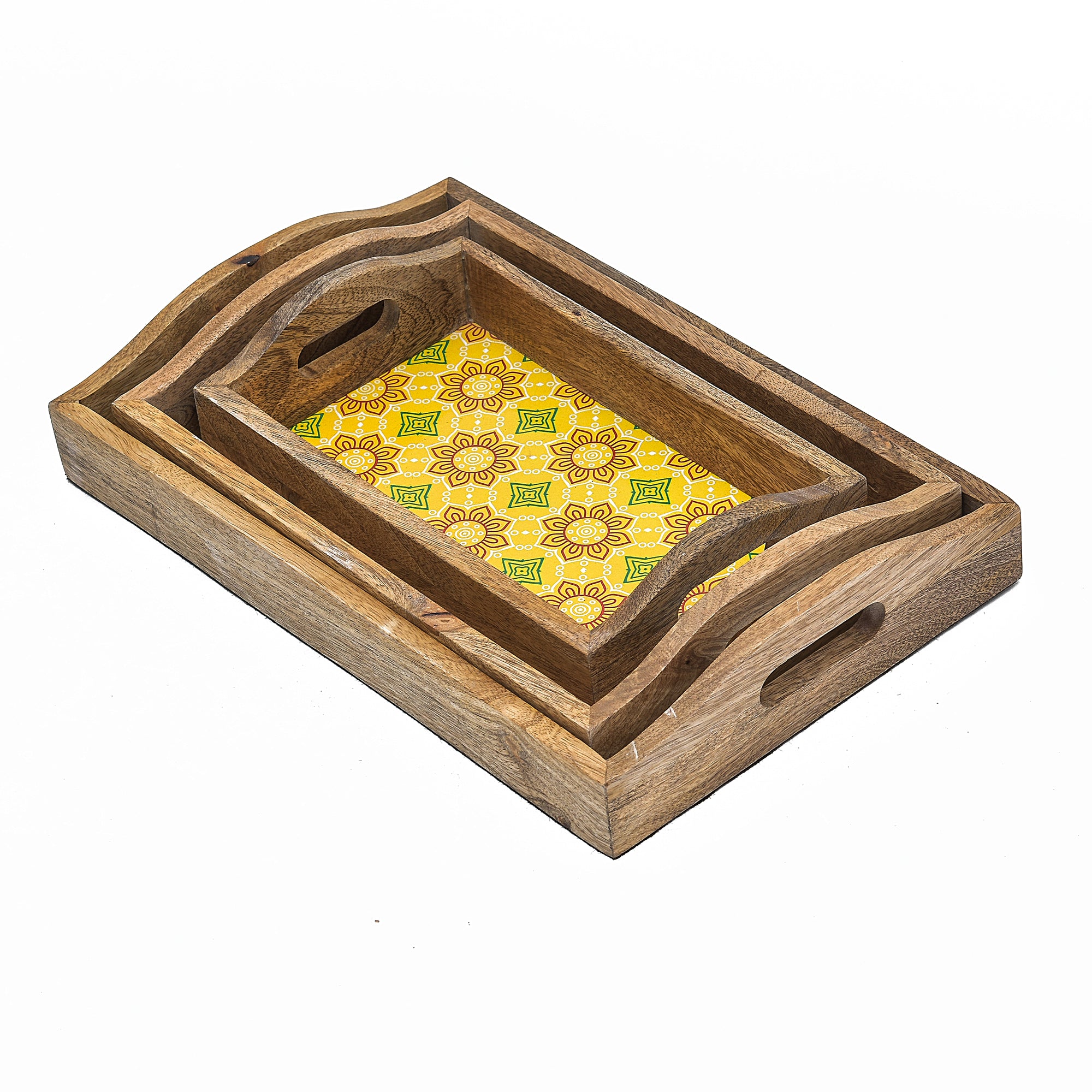 Basant Printed Wooden Serving Tray With Curved Handle - 3pcs