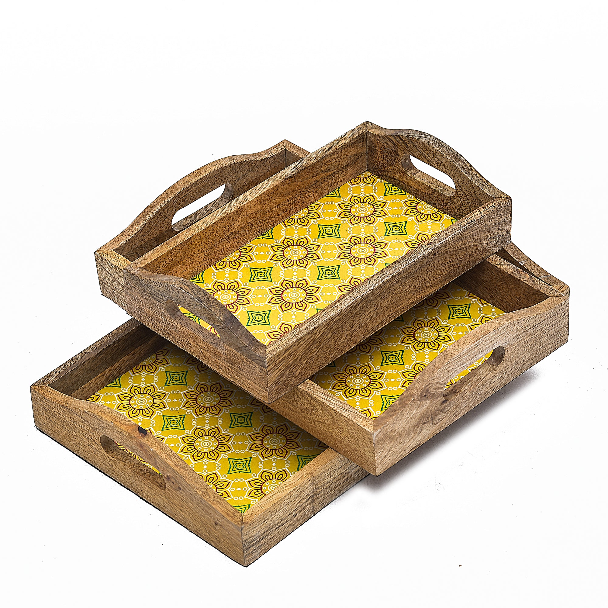 Basant Printed Wooden Serving Tray With Curved Handle - 3pcs